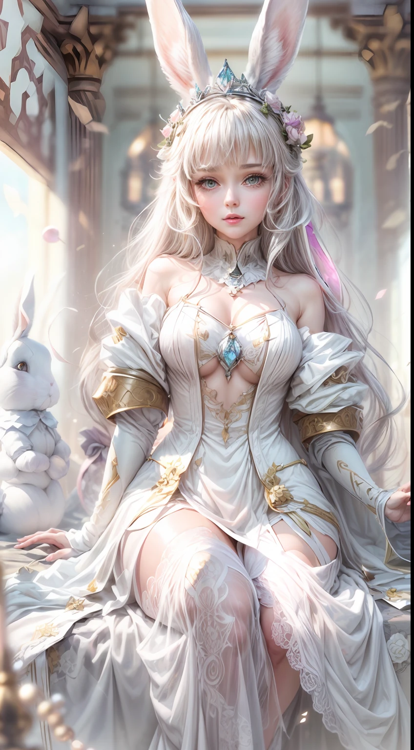 Best Quality, studio lightning, (((Princess of Rabbits, The woman))), (dressed in white robes, Velvet, Mecha, lace, brocade, pearls), Expensive jewelry, lace,