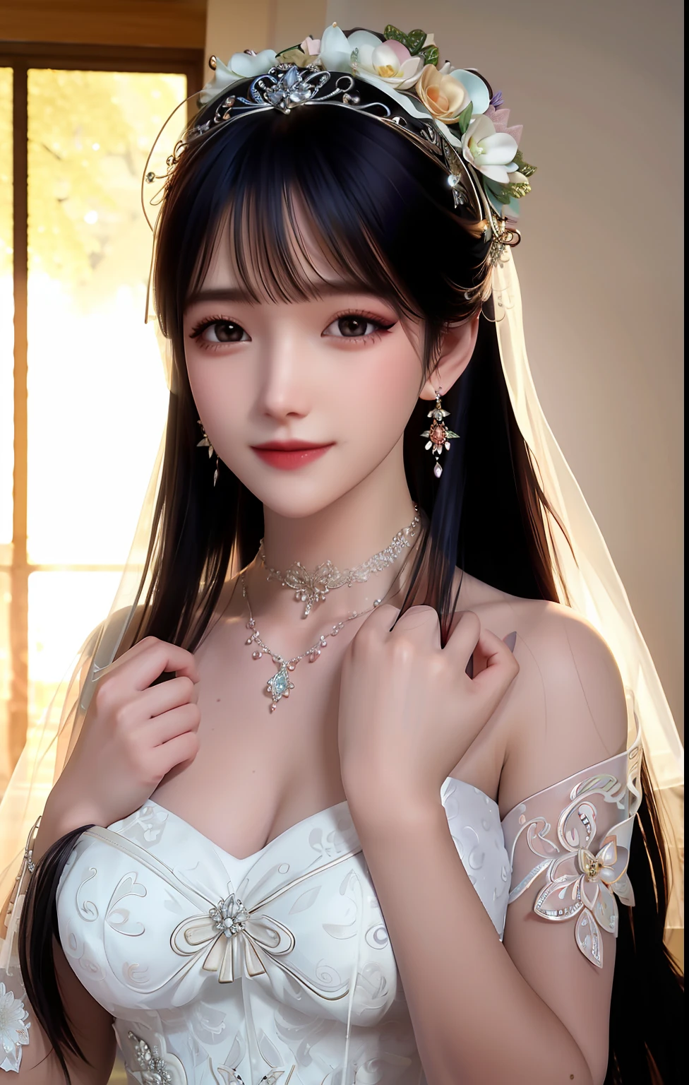 A beautiful bride,Head flower,headdress,(Bandeau wedding dress:1.5),(Silk dress:1.2),dress,necklace,earring,huge tit,Neck ornaments,Deep V peach heart collar wedding dress,Liuhai,Bouquet,mitts,Bridal veil,Transparent veil,Bust photo,(Strapless wedding dress:1.5),full body,lipstick