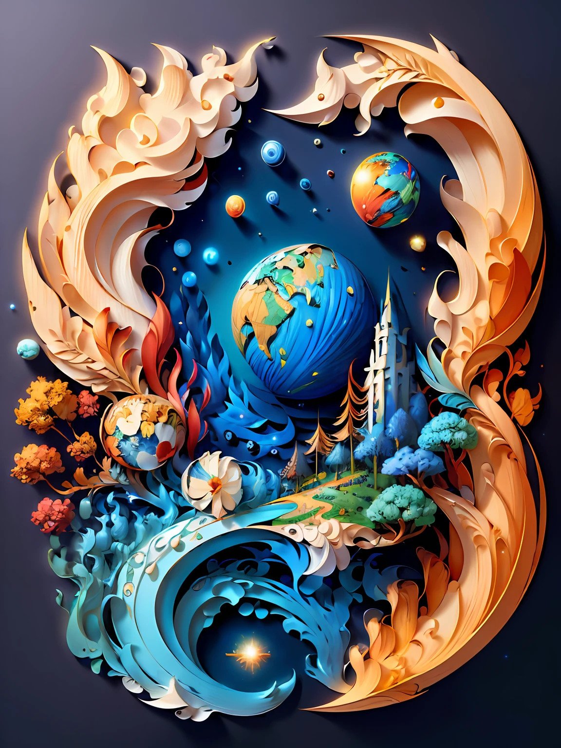 (((masterpiece))),best quality, illustration, earth, water ,fire, wind , space , paper_cut,