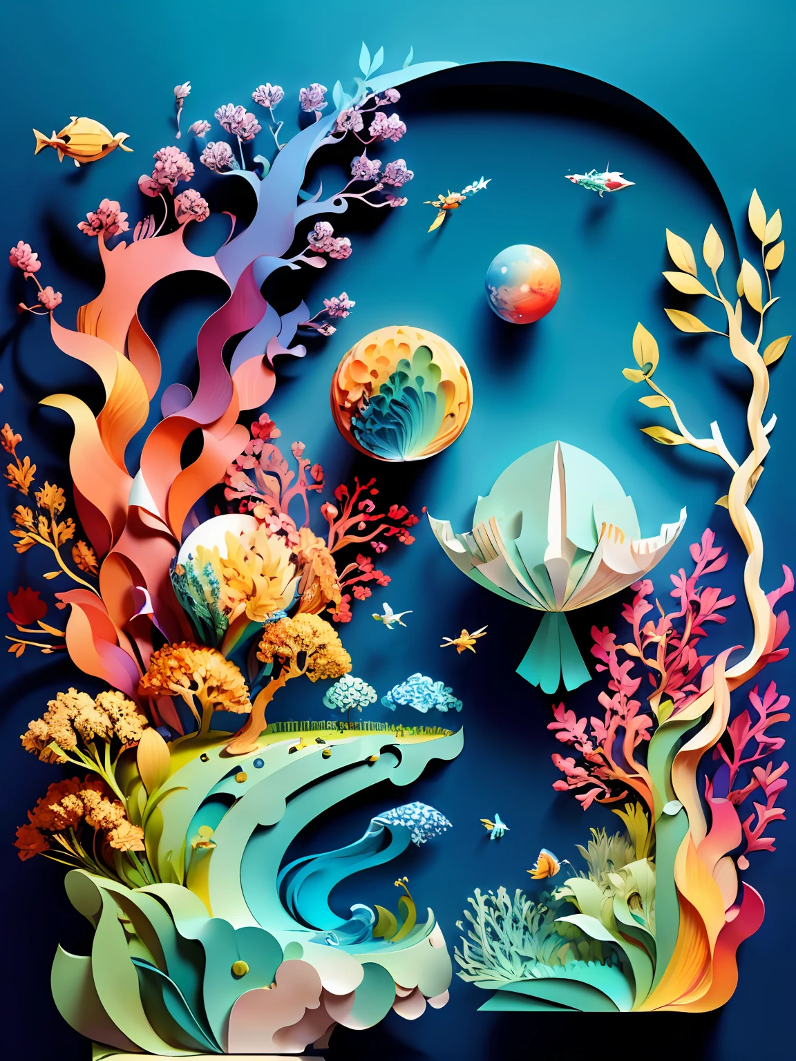 (((masterpiece))),best quality, illustration, earth, water ,fire, wind , space , paper_cut,