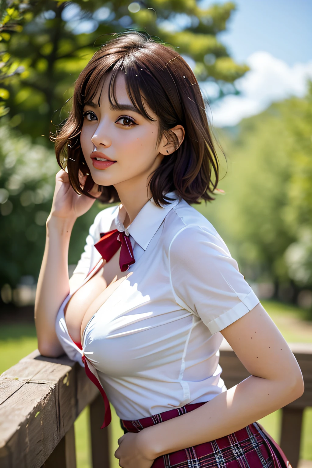 nsfw, 8K raw photo, Best quality, masterpiece, ultra high res, film grain, filmg, 1girl, looking at viewer, natural skin texture, realistic eye and face details, full lips, lipstick, (makeup), red eyeshadow, fluffy short hair, messy hair, smile, close mouth, beautiful legs, tall female, skinny, slim_legs, solo, enormous breast, cleavage, Pose with buttocks facing you, ultra short skirt, ass, shirt, beautiful nature location, around flower location, (detailed background), plaid skirt, white shirt, enormous breast, cleavage, Show a little cleavage through the shirt, loafers, blurry background, blurry, holding, plaid, short sleeves, jk ribbon on the neck, jk ribbon, brown hair, bracelet, water, bangs, school uniform, jewelry, parted lips, lips, from side, pleated skirt, depth of field
