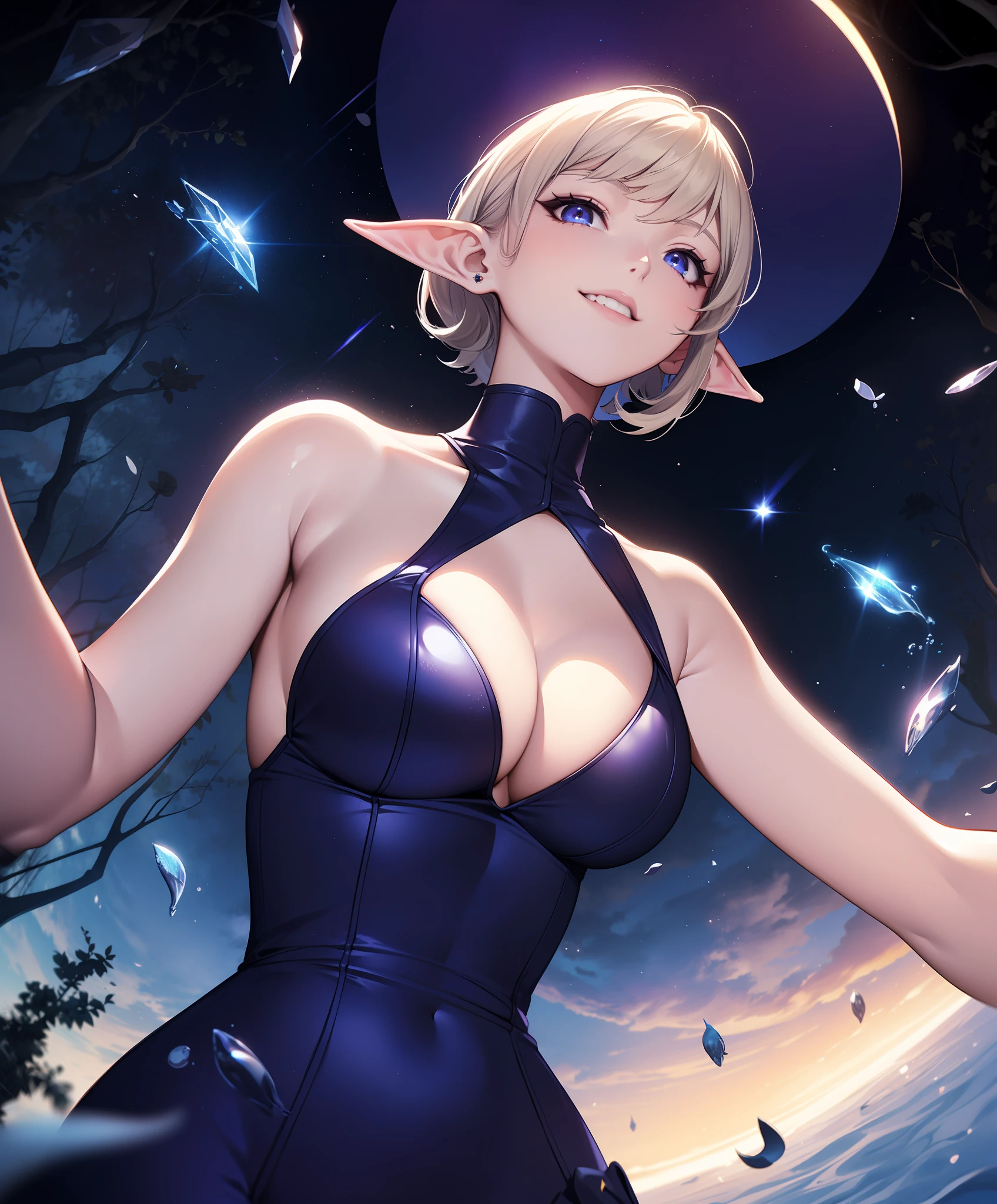(Masterpiece, High quality:1.3), (fish eye:1.25), Sexy witch, 18 years old, hand on hips, (Night, Magical dark forest:1.3), (Close-up, Upper body:1.3), (Solo:1.1), Perfect slim body, Red eyes, blond with short hair, bangs, ears of elf, grin, (Simple:1.1) Blue dress, (black:1.1) bound legs, Witch hat, glowworm, spark of light, epic sky, Moon, Dynamic light, dynamic shadowing, (From below:1.2)