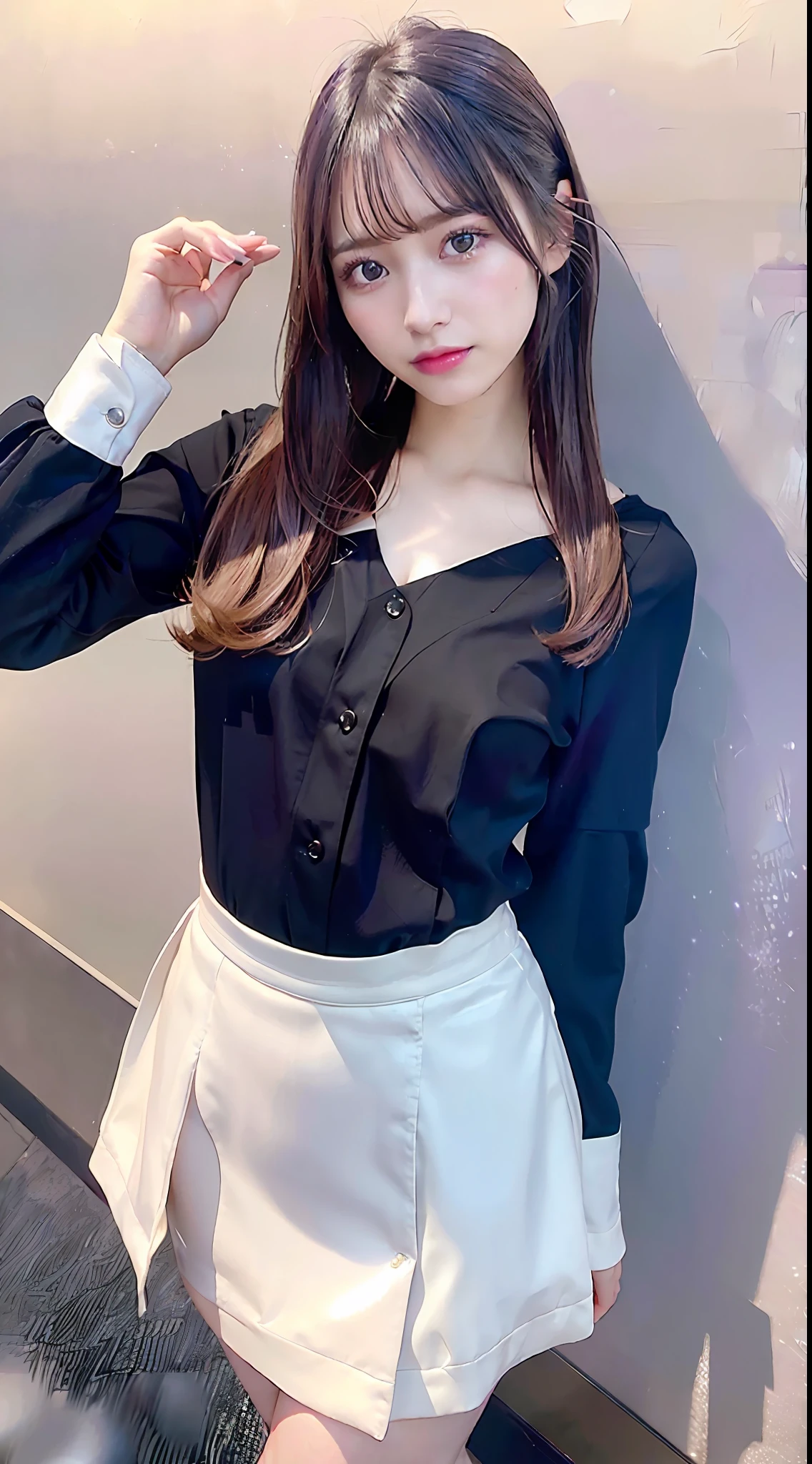 1girl,beautiful vintage color, instagram (photorealistic, high resolution:1.4), ((puffy eyes)), looking at viewer, , full body (8k, RAW photo, best quality, masterpiece:1.2), (realistic, photo-realistic:1.37),(sharp focus:1.2), professional lighting, photon mapping, radiosity, physically-based rendering, (pale skin:1.2),(small breasts:1.2), looking at viewer, (middle hair:1.5), portrait, purple eyes, (sliver hair:1.1),bangs, (simple background:1.4), solo, upper body, realistic,(masterpiece:1.4),(best quality:1.4),(shiny skin),fashi-girl,makeup,smile(skinny,closed mouth,shy :1.3) ,(standing,black Stewardess uniform,Necromancer:1.1),medium bust,sexy pose ,