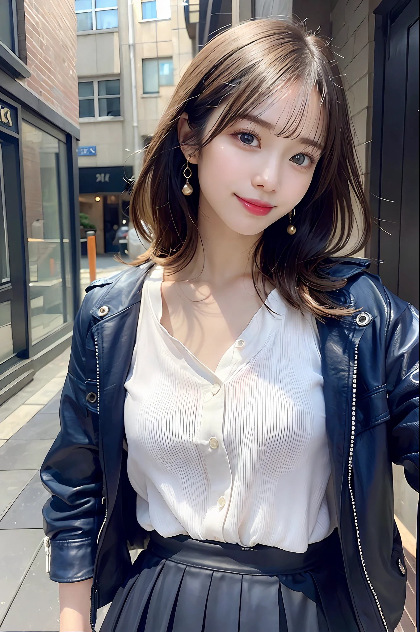 {“query”: “a person”}、((Realistic lighting、top-quality、8K、masterpiece:1.3))、Focus:1.2、1 girl、Perfect figure:1.4、Slim abs:1.1、((dark brown hair))、(Dark blue jacket)、(Dark blue skirt)、(White shirt)、(outside of house、Daytime:1.1)、(Super fine face、A smile)、big eye、24