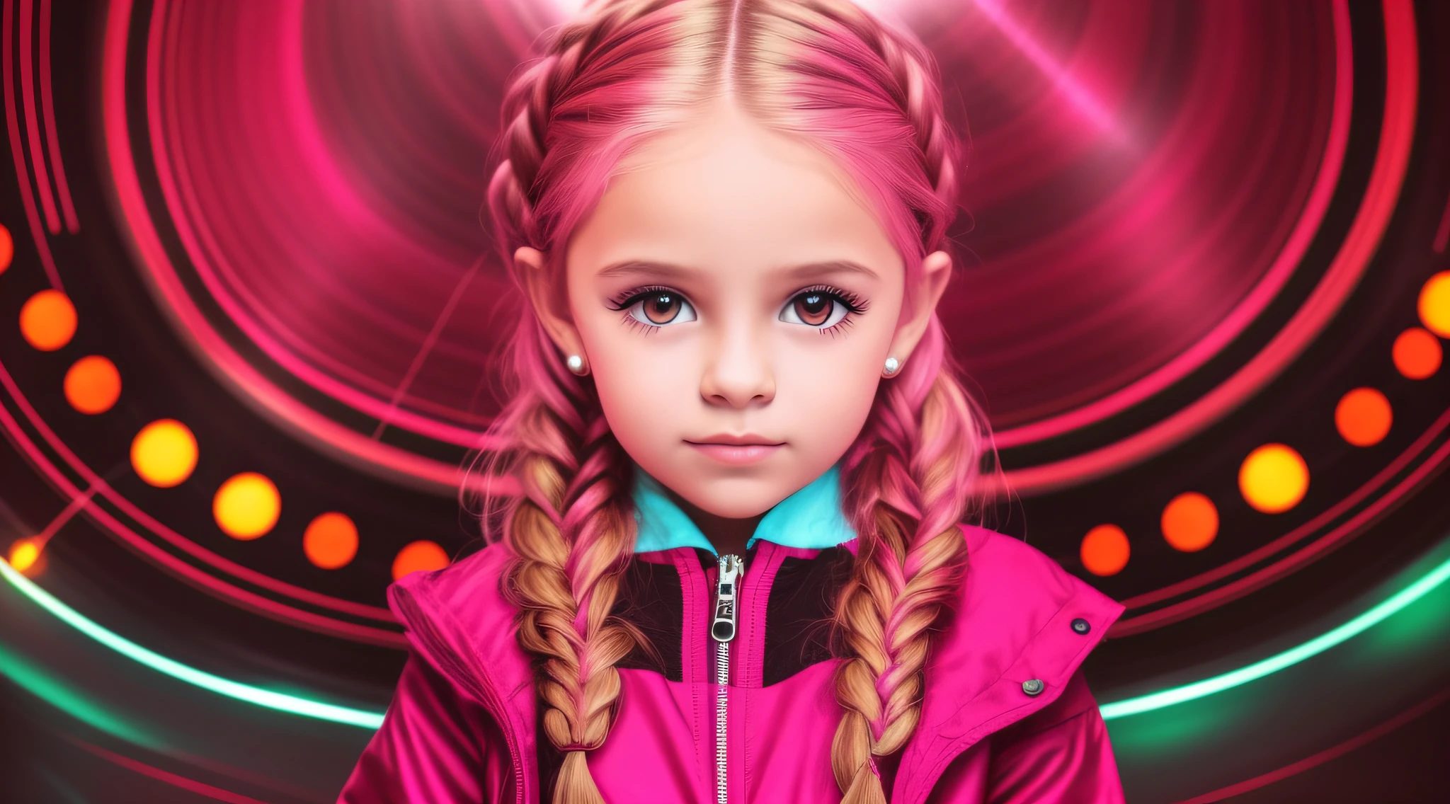 Girl child 10 years old, Russian ruivas in braids, com roupa de jaqueta de couro vermelha, Estilo retrato, fundo preto e vermelho, uma bola de disco prateada com um reflexo de espelho sobre ela, bola de discoteca, bola de discoteca no fundo, prata brilhante.