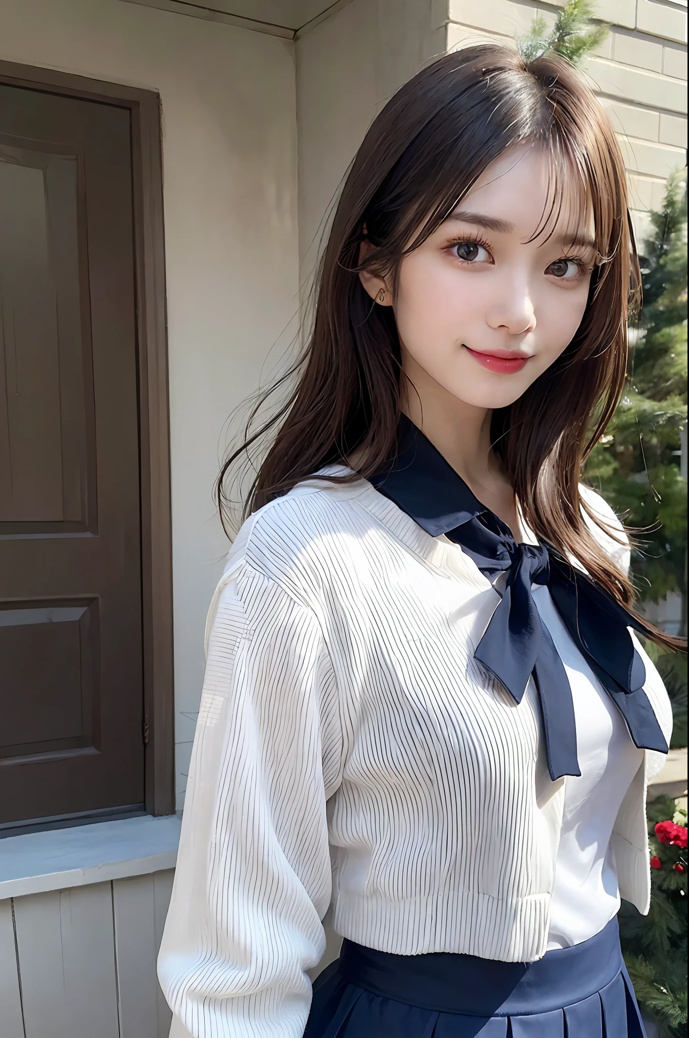 {“query”: “a person”}、((Realistic lighting、top-quality、8K、masterpiece:1.3))、Focus:1.2、1 girl、Perfect figure:1.4、Slim abs:1.1、((dark brown hair))、(Dark blue jacket)、(Dark blue skirt)、(White shirt)、(outside of house、Daytime:1.1)、(Super fine face、A smile)、big eye、24