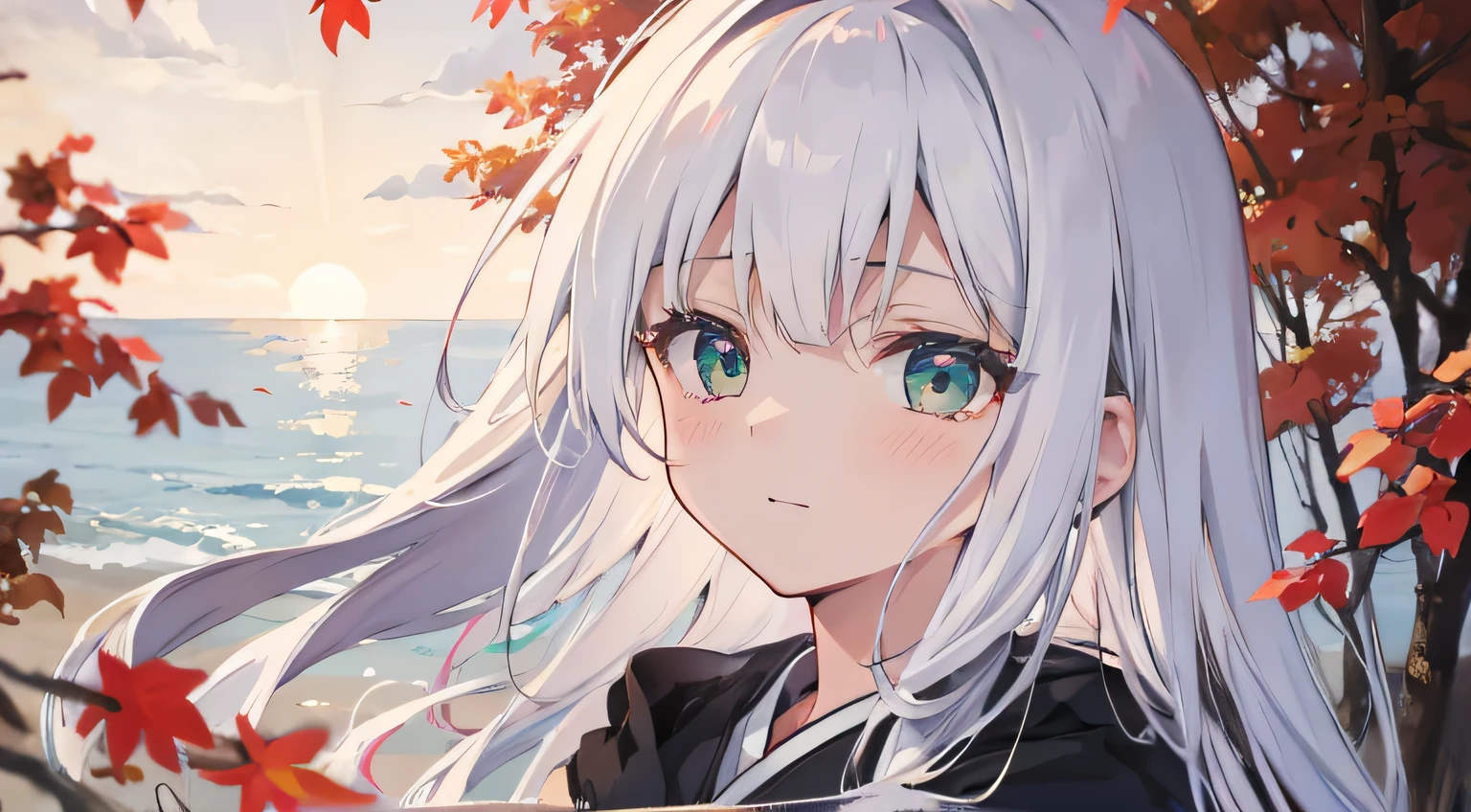 japan, high resolution, highest quality, illustration, ultra detailed, (detailed face), (detailed eyes), soft lighting, best quality, misty glow, dreamy atmosphere, hyper detailed, masterpiece, 1 girl, solo, long silver hair, green eyes, naked, bright eyes, medium chest, (colored),  outdoors, evening, clouds, spreading viginia apart, beach autumn, falling leaves,