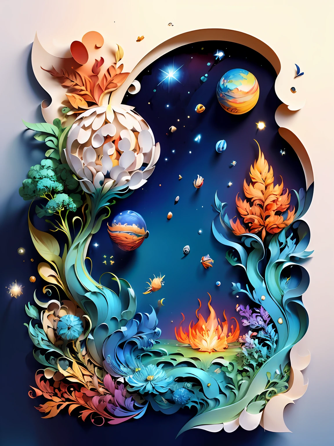 (((masterpiece))),best quality, illustration, earth, water ,fire, wind , space  , paper_cut,