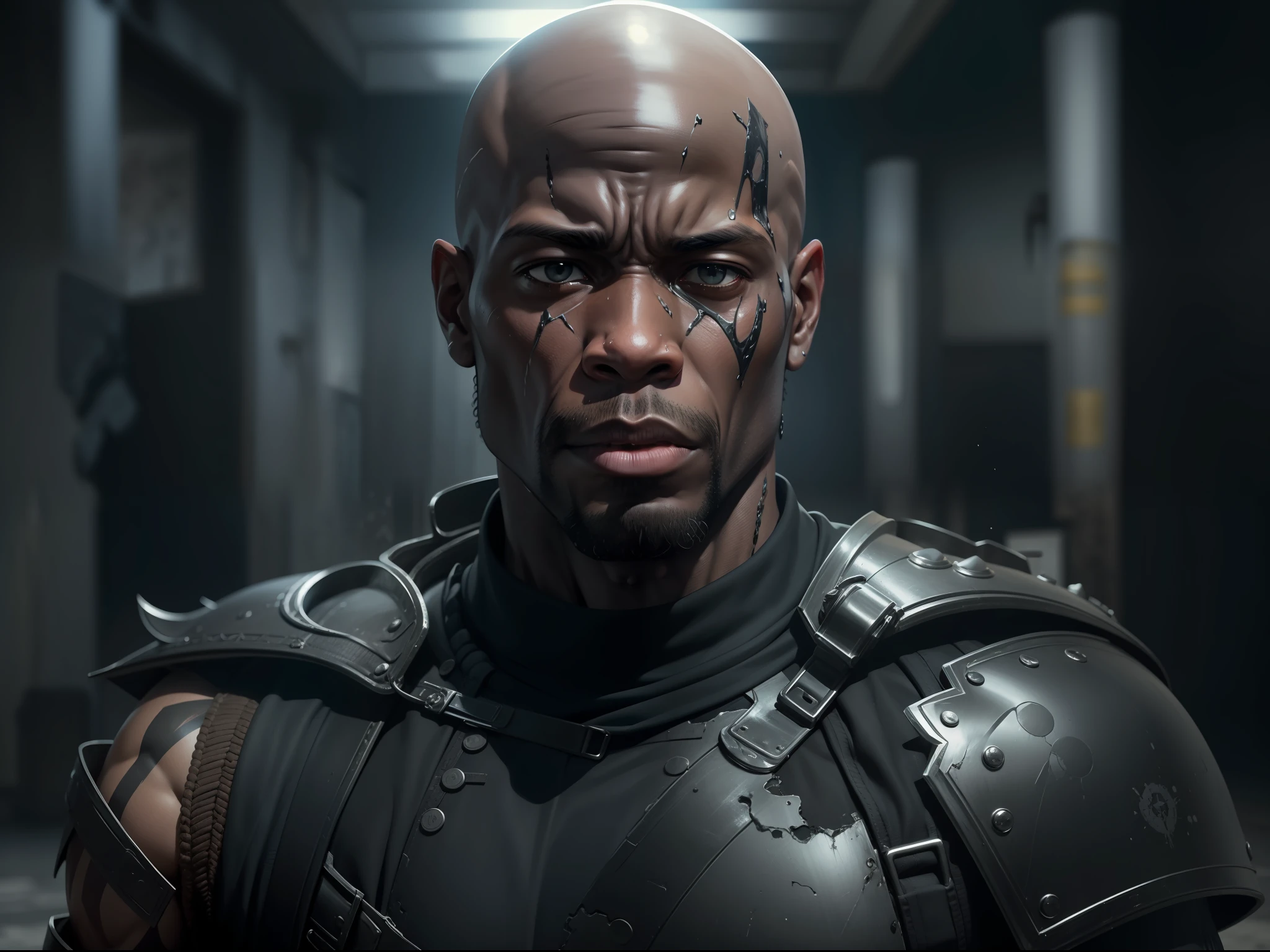 ultra realistic image of a black man, bald, 40 years old, tall and strong, injured, dressed in black RPG warrior attire and with silver shoulder pads, tired expression, sweaty face, standing in a completely destroyed hall