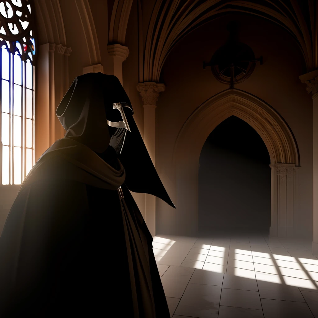 A  plague doctor in an medieval cathedral,   occult, dark theme, volumetric light, natural light, eyes hidden, dark lighting, gloomy