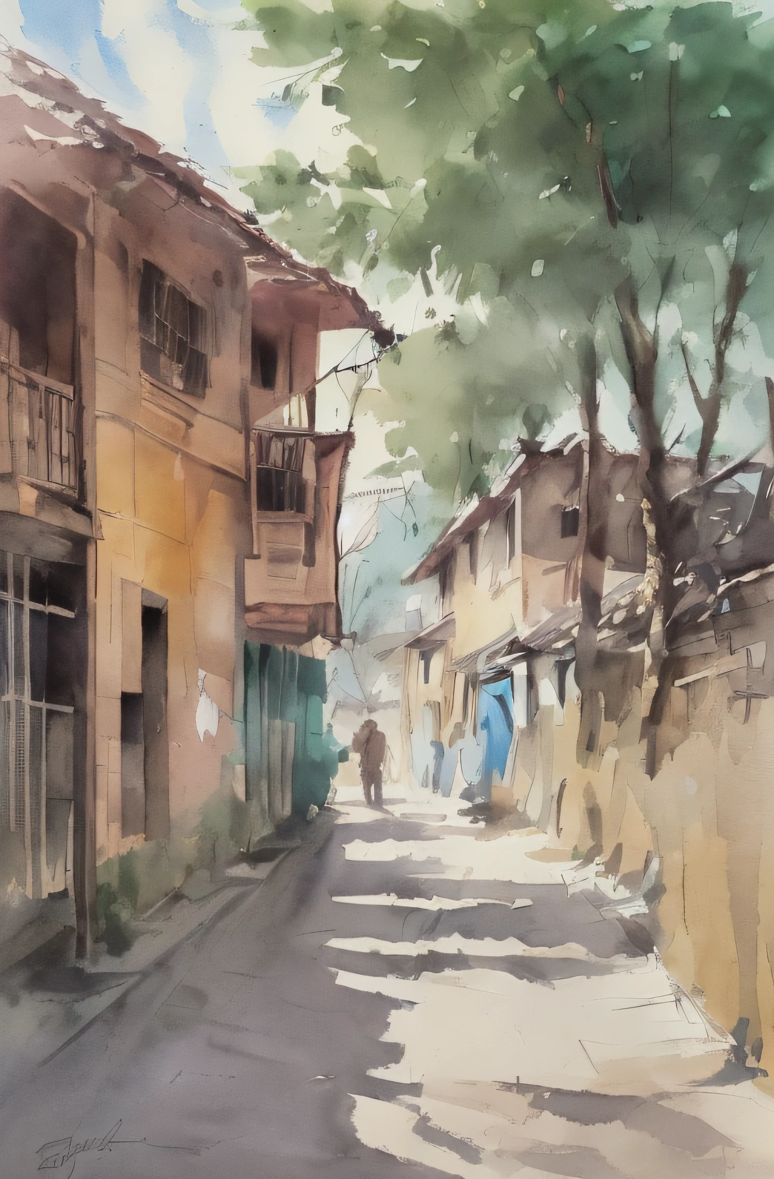 Pintura em aquarela, pequeno caminho de casas favela brasileira, brazi, sol brilhante, sombra,