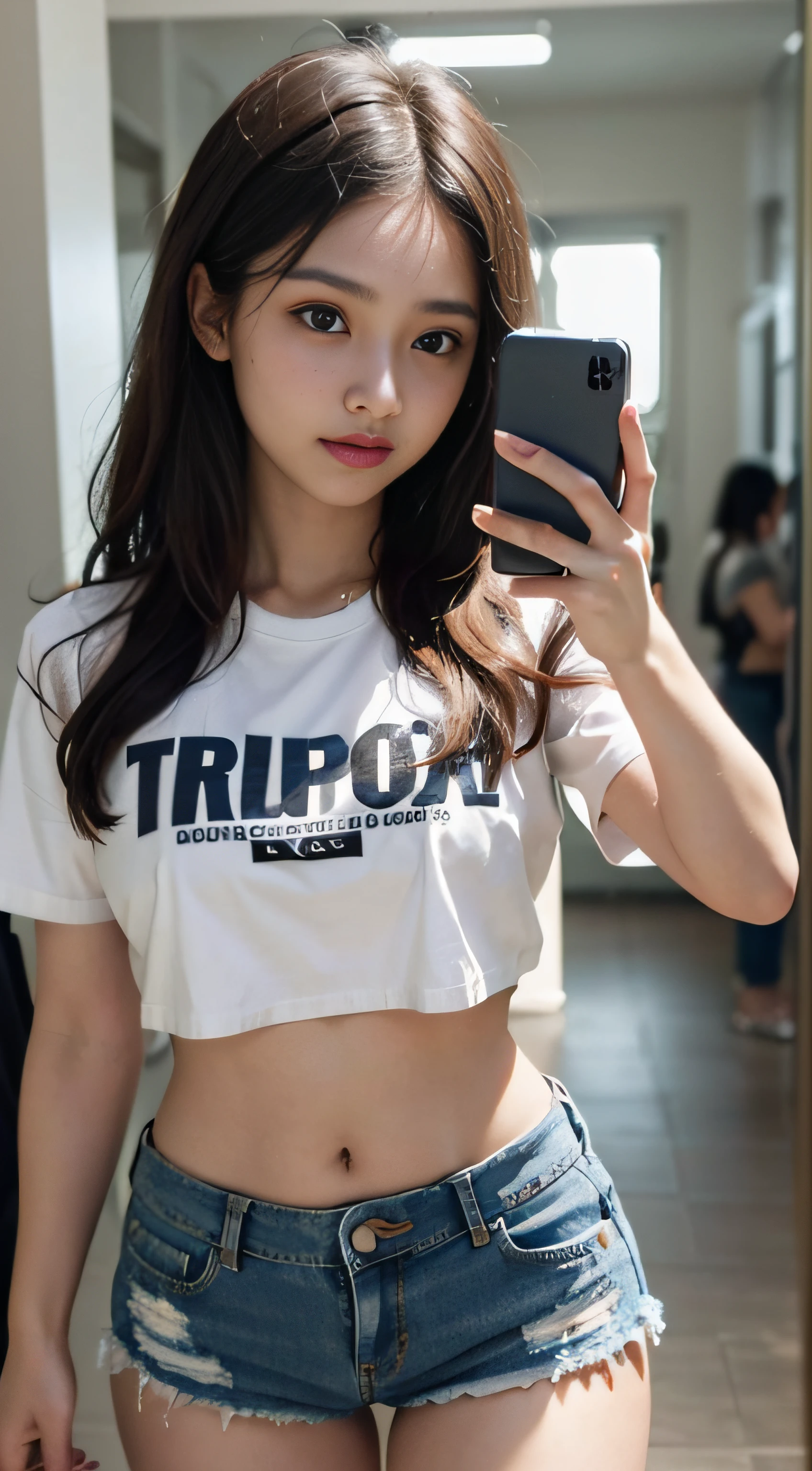 1 girl, solo, phone, shorts, cell phone, long hair, denim, brunet, iphone, midriff, navel, selfie, denim shorts, shorts, holding the phone, torn clothes, truncated, reality, holding, brown eyes, white shirt, crop top shirt, looking at the audience, shallow smile, real photo, HD texture,