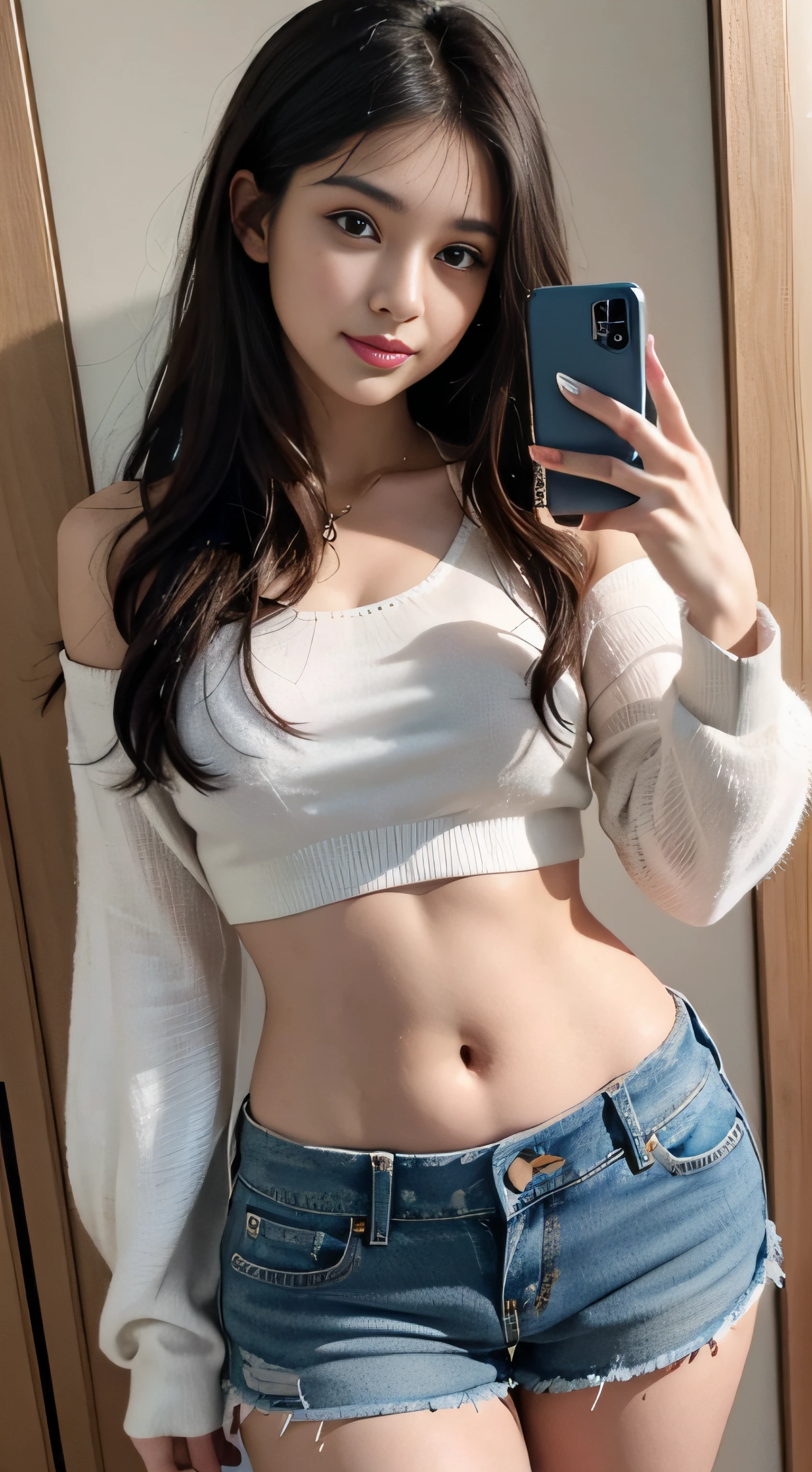 1 girl, solo, phone, shorts, cell phone, long hair, denim, brunet, iphone, midriff, navel, selfie, denim shorts, shorts, holding the phone, torn clothes, truncated, reality, holding, brown eyes, white shirt, crop top shirt, looking at the audience, shallow smile, real photo, HD texture,