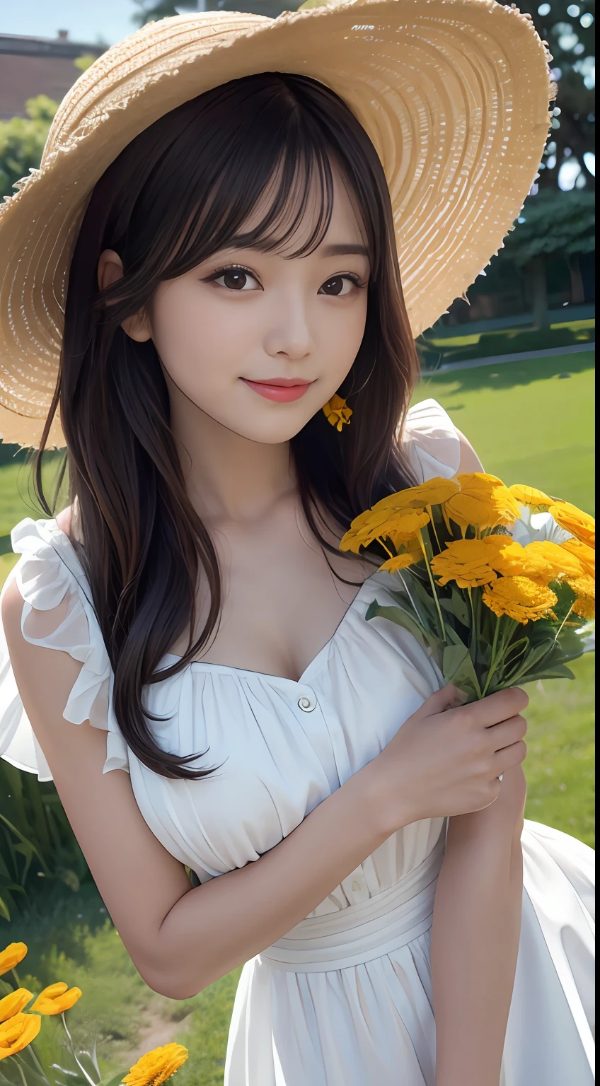 (8k, RAW photo, best quality, masterpiece: 1.2), (realistic, photorealism: 1.37), ultra high resolution, (focus plane: 1.8), (portrait plane: 1.7), (intense: 1.1), (details: 1.1), (Analog:1.2), (High Sharp), Canon EOS R6, 135mm, 1/1250s, f/2.8, ISO 400,
BREAK,
marigold foreground bokeh, Marigold flower garden background bokeh,
BREAK,
smiling, (1 girl), (Straw hat: 1.3), Holding a bouquet of marigolds, unadorned beauty,
BREAK,
(White Summer Dress: 1.4), (Bright and Colorful: 1.3), beautiful black hair, blue sky, white cloud,
