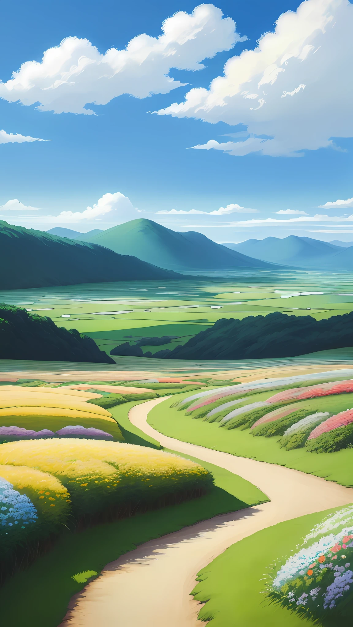 Realistic, authentic, beautiful and amazing landscape oil painting Studio Ghibli Hayao Miyazaki's petal grassland with blue sky and white clouds --v6