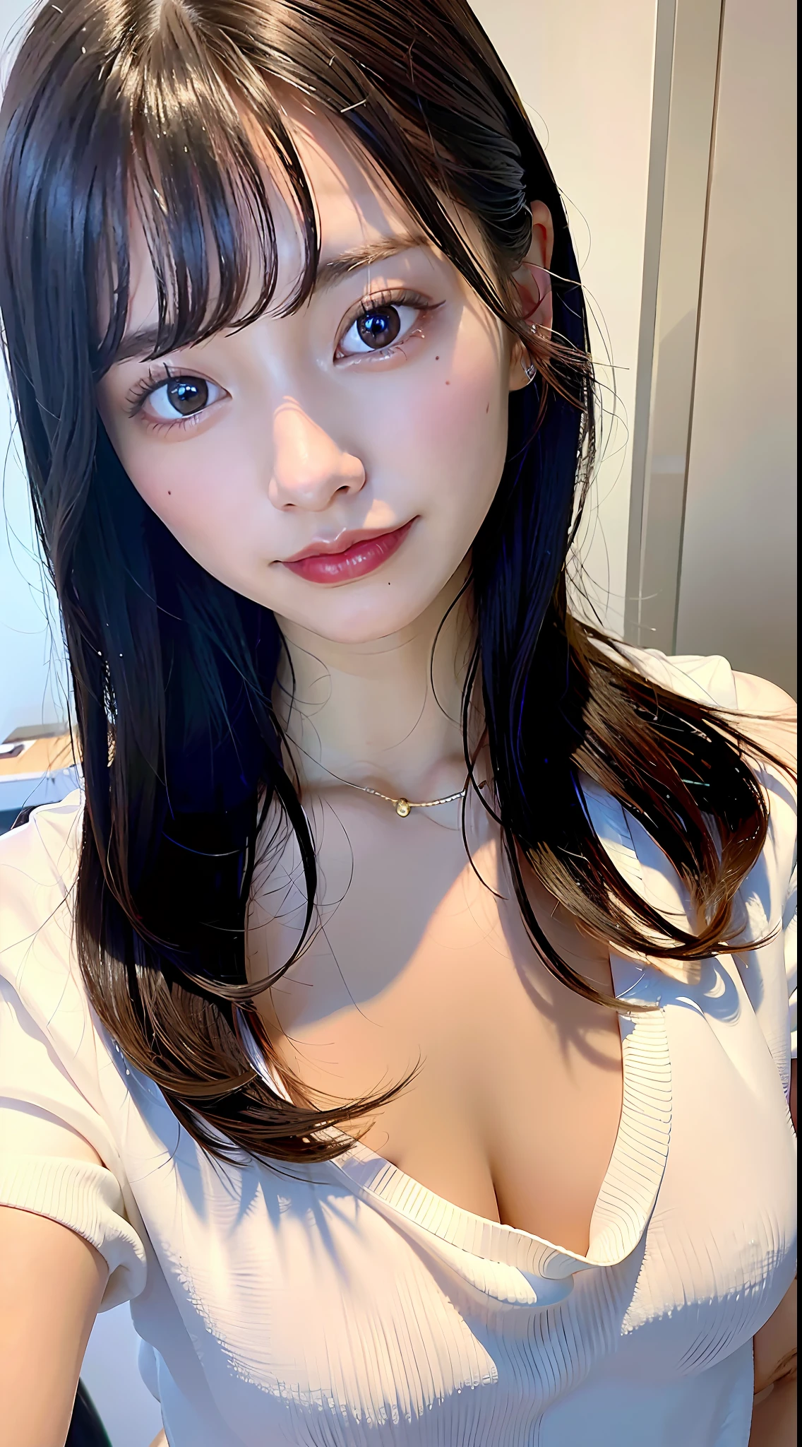 Top quality, ultra high resolution, (photorealistic: 1.4), 1 girl, (black hair: 1), (small breasts: 1.6), looking at viewer, close-up, in the room, centering on breasts, showing breasts, shirt up to neck