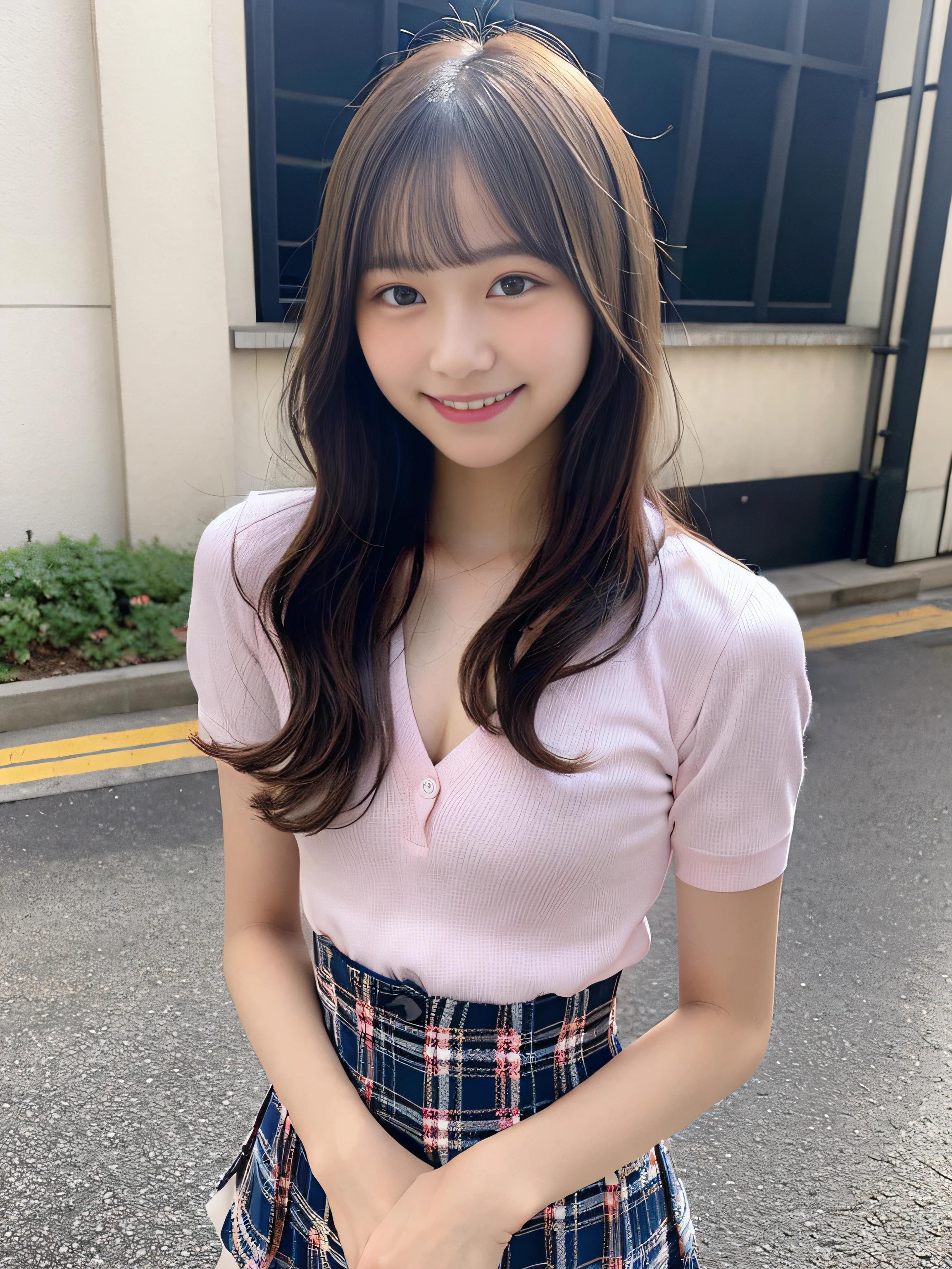 Cute high school teen in pink short sleeve oxford shirt, ((The chest is visible)), Navy Blue Plaid Super Mini Skirt,white  panties, a blond, Black Ballet Flat, Christian, Understated and prim full body photo, Smiling, Having a Bible, School portrait