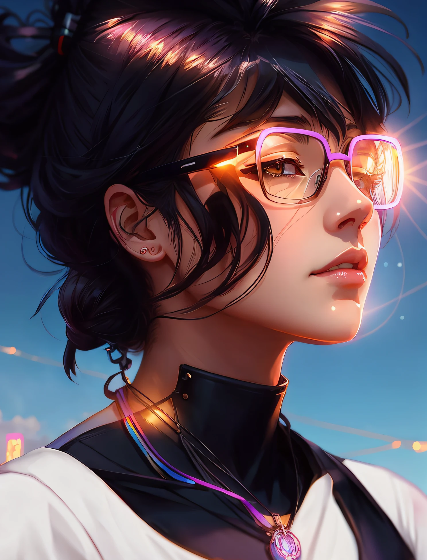 anime girl with glasses and necklace staring at the sky, style of alena aenami, artwork in the style of guweiz, alena aenami and artgerm, alena aenami and android jones, digital art ilya kuvshinov, anato finnstark and alena aenami, art of alena aenami, the cyberpunk girl portrait