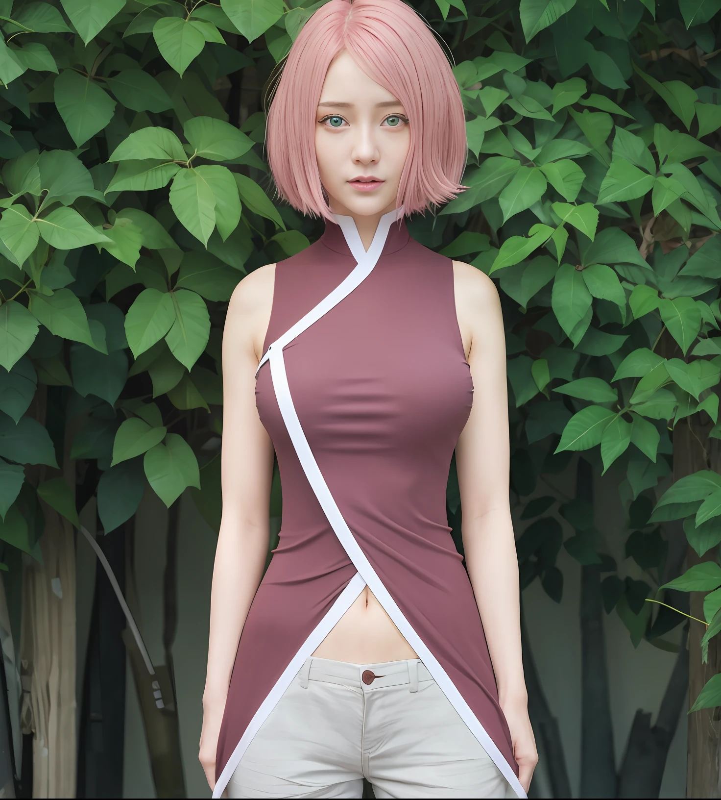 realistic, pink hair, green eyes, ultra detil, big breast