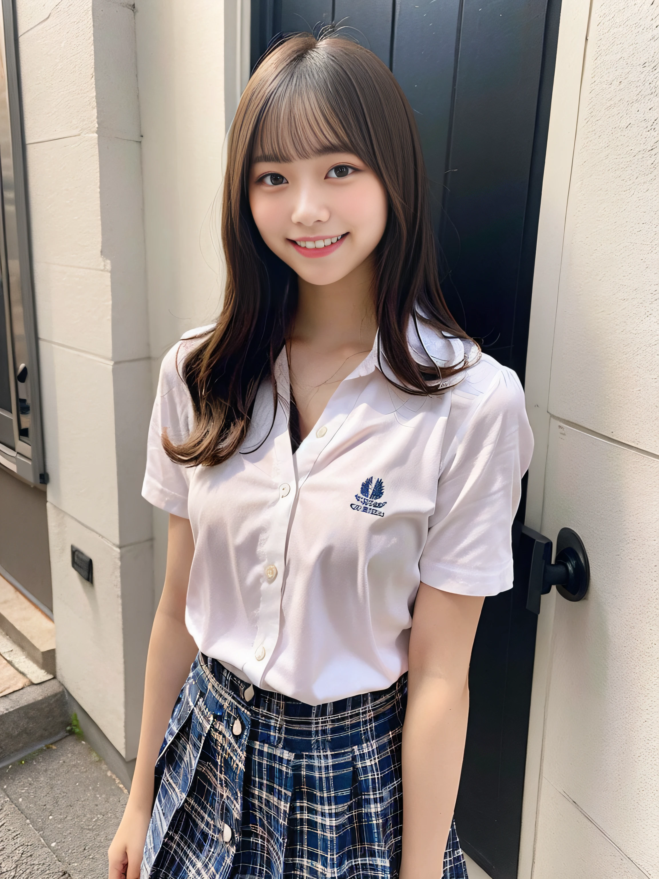 Cute high school in pink short sleeve oxford shirt, ((The chest is visible)), Navy Blue Plaid Super Mini Skirt,white panties, a blond, Black Ballet Flat, Christian, Understated and prim full body photo, Smiling, Having a Bible, School portrait