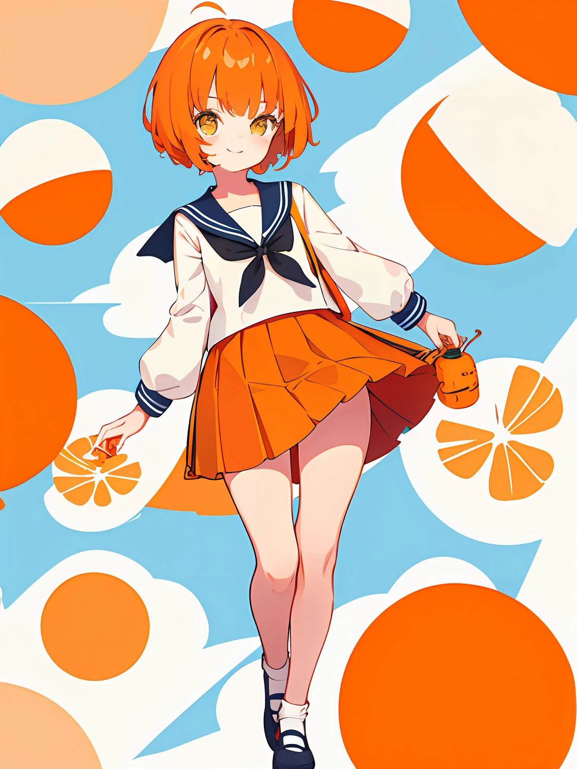 1girl in、orange color hair、short-hair、a sailor suit、Cute smile、kawaii girl