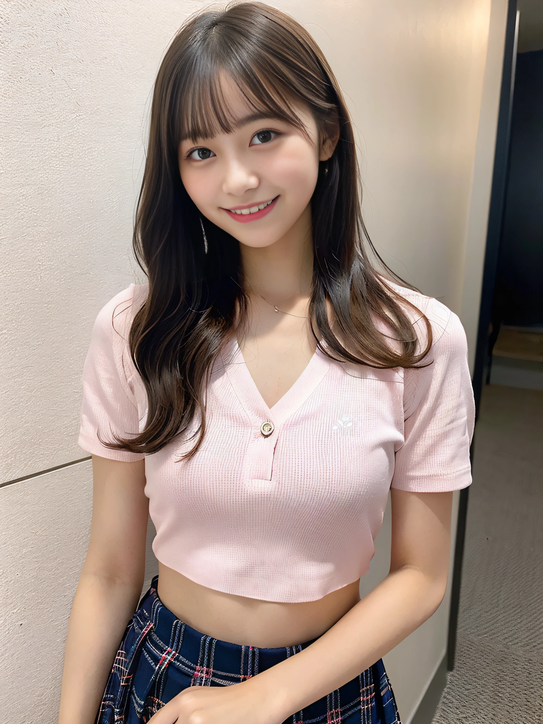 Cute high school teen in pink short sleeve oxford shirt, ((The chest is visible)), Navy Blue Plaid Super Mini Skirt,white panties, a blond, Black Ballet Flat, Christian, Understated and prim full body photo, Smiling, Having a Bible, School portrait