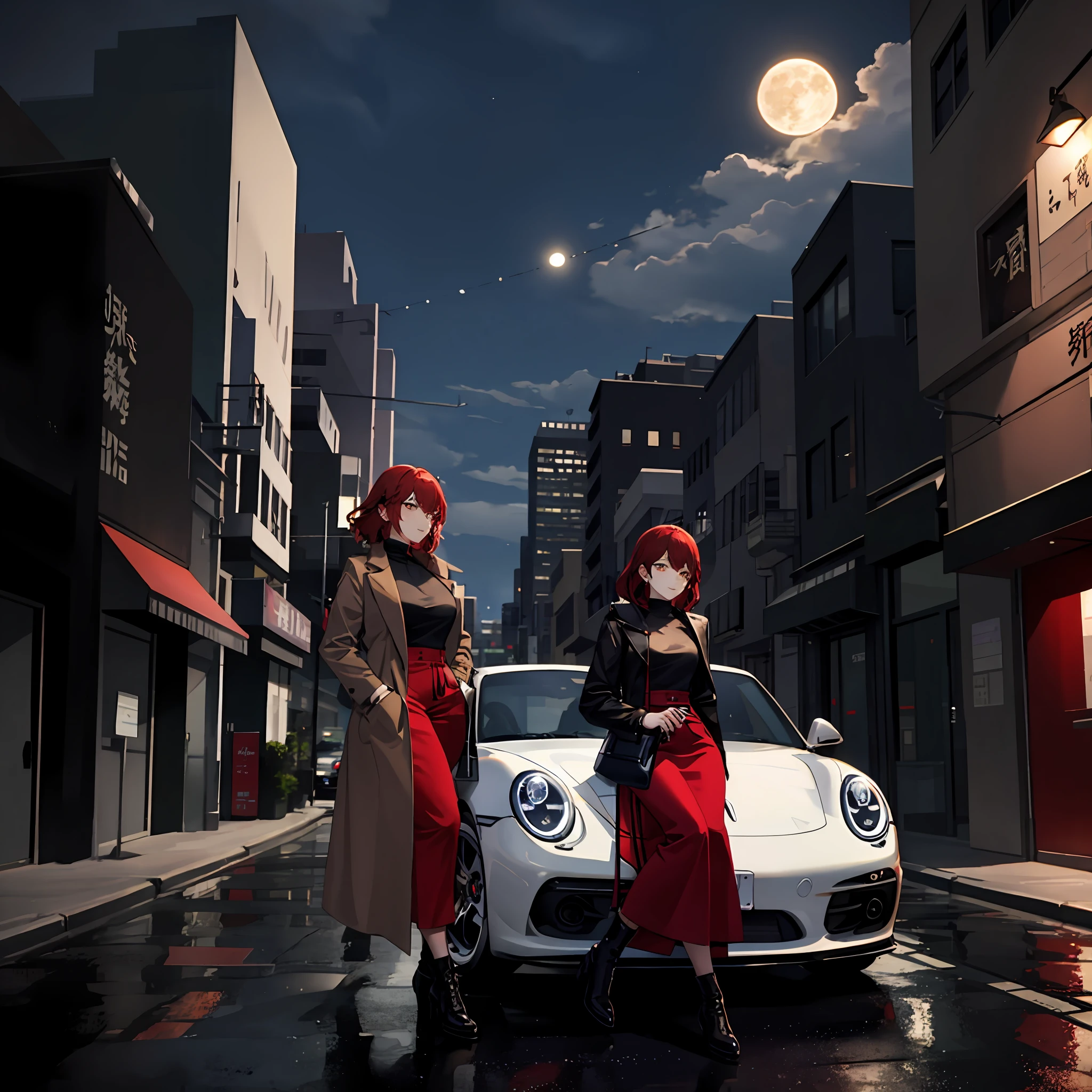 The moon is dark and the wind is high，城市，Black Porsche，Beautiful woman sitting on the cover of a Porsche，The woman was dressed in a brown coat，red tinted hair，beast ear，Long skirt visible vest line，Followed by a group of loyal little brothers，Mafia，The woman smiled contemptuously，The bright and green city gave them a strong light，But their faces remain dark，Extremely beautiful creations，Different styles。