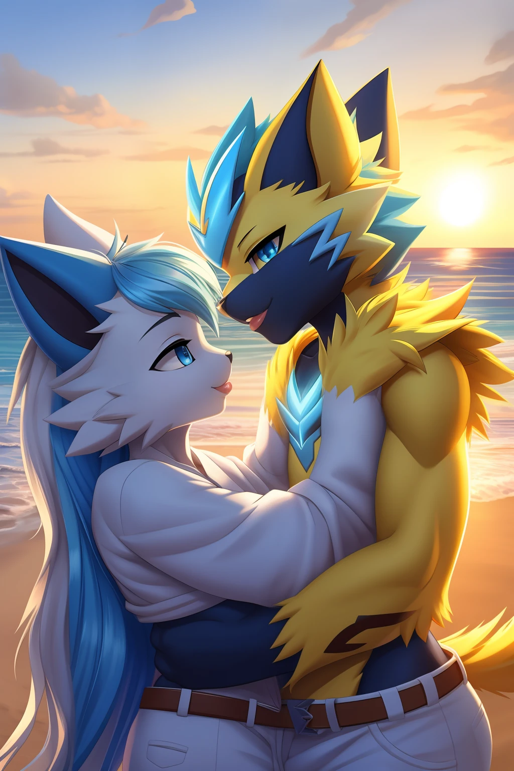 masterpiece, best quality, 8k, Sexy Pachirisu and Zeraora, long blue hair, white and yellow fur, furry art, anthropomorphic Pokémon, male, blue eyes, (perfect eyes), (perfect lips), (detailed eyes), beach, rising dawn, bedroom eyes, hearts eyes, aroused, detailed lips, hair blowing in the wind, white robe, white pants, white cowboy hat