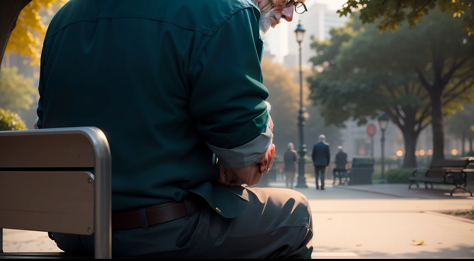 Elderly Man Sitting on a Bench in a Park Giving Advice While Looking Straight Ahead,Two Tone Lighting, Sharp Focus, Teal Hue, Octane, Unreal, Dimly Lit, Discreet,