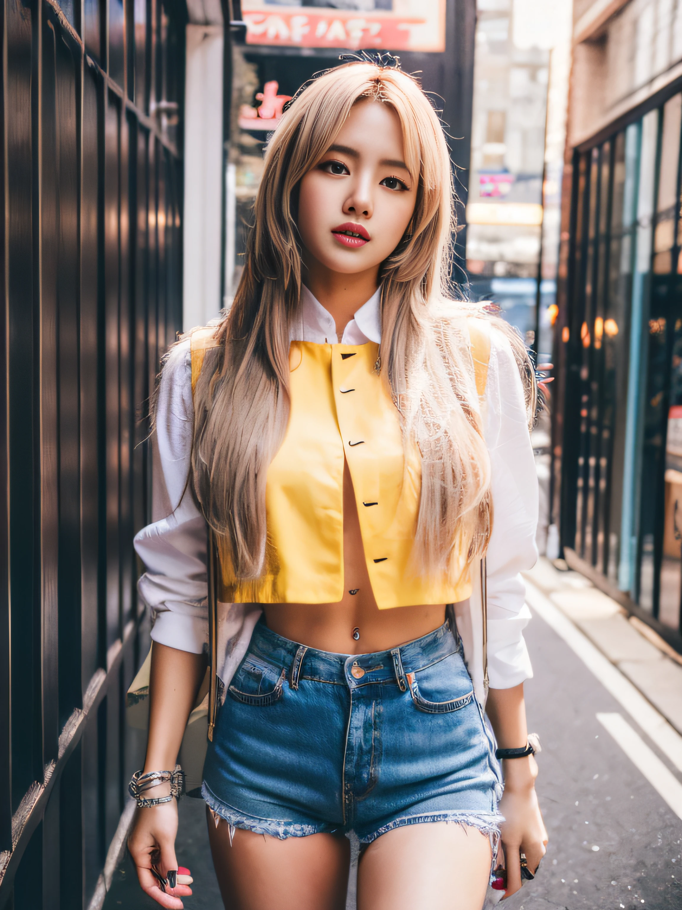 Lisa light yellow long hair, Lisa face shape, pink vest, pink hot pants, accessories, sexy, open waist long legs, café, masterpiece, aspect, realism, HD, photography lighting, 16k