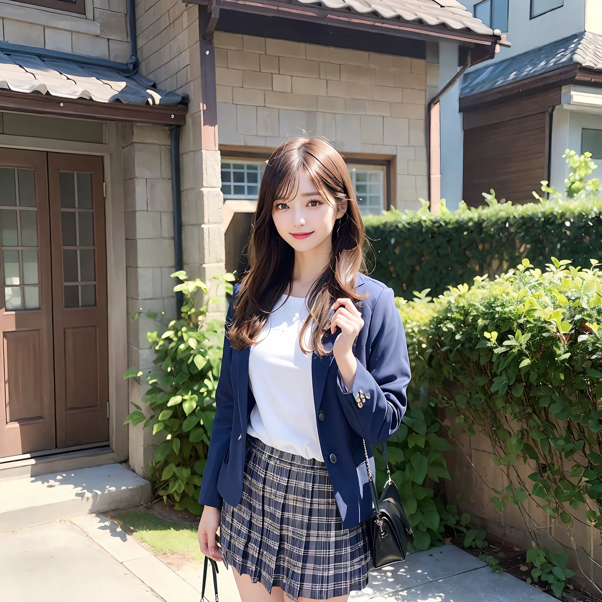 {“query”: “a person”}、((Realistic lighting、top-quality、8K、​masterpiece:1.3))、Focus:1.2、1 girl、Perfect figure:1.4、Slim abs:1.1、((dark brown hair))、(Dark blue jacket)、(Dark blue skirt)、(White shirt)、(outside of house、Daytime:1.1)、(Super fine face、A smile)、big eye、24