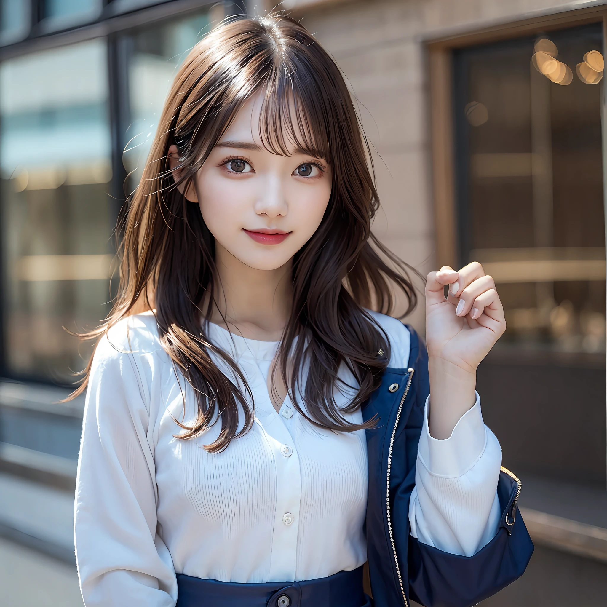 {“query”: “a person”}、((Realistic lighting、top-quality、8K、masterpiece:1.3))、Focus:1.2、1 girl、Perfect figure:1.4、Slim abs:1.1、((dark brown hair))、(Dark blue jacket)、(Dark blue skirt)、(White shirt)、(outside of house、Daytime:1.1)、(Super fine face、A smile)、big eye、24