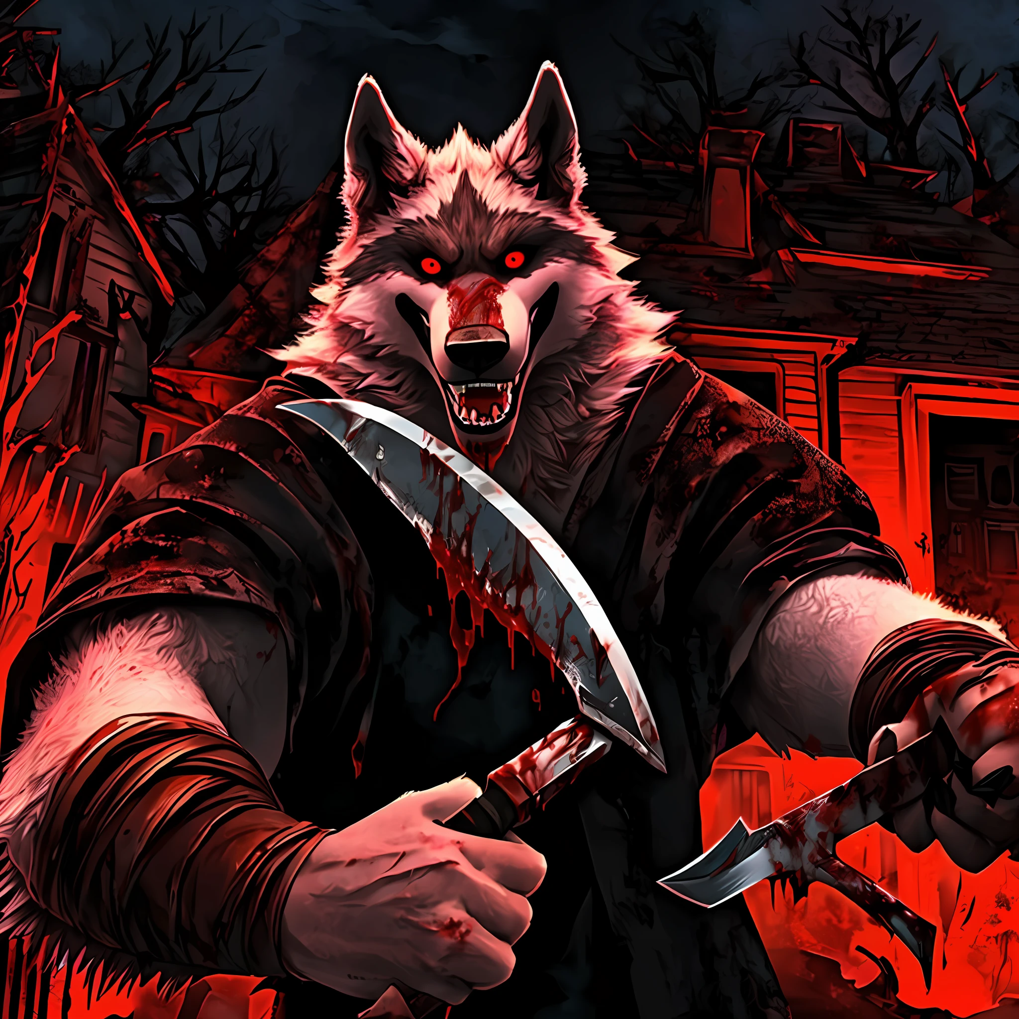 Death wolf is possessed by a great hatred in his red and macabre eyes in his hand, he is holding a knife full of blood, in the background has a house that is covered in blood, is looking at the viewer with a very dark look and with a scary smile and saying the following, the feeling of killing is very amusing, you who are watching this, know that you will be next to mine; list I'm the terror of this world You can't escape me you see this knife here in my hand it's full of blood because I killed a person inside this house