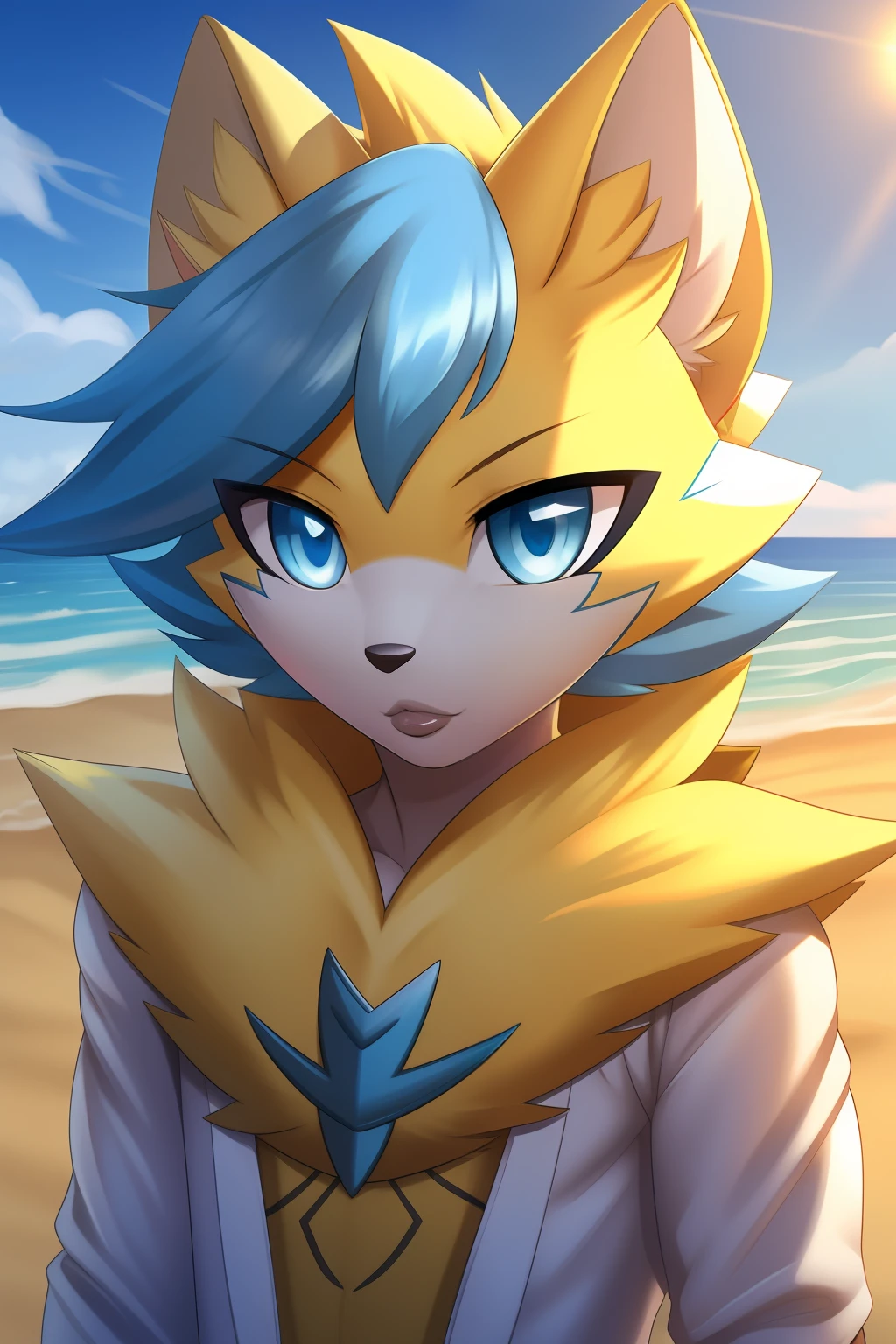 masterpiece, best quality, 8k, Sexy Pachirisu and Zeraora, long blue hair, white and yellow fur, furry art, anthropomorphic Pokémon, male, blue eyes, (perfect eyes), (perfect lips), (detailed eyes), beach, rising dawn, bedroom eyes, hearts eyes, aroused, detailed lips, hair blowing in the wind, white robe, white pants, white cowboy hat
