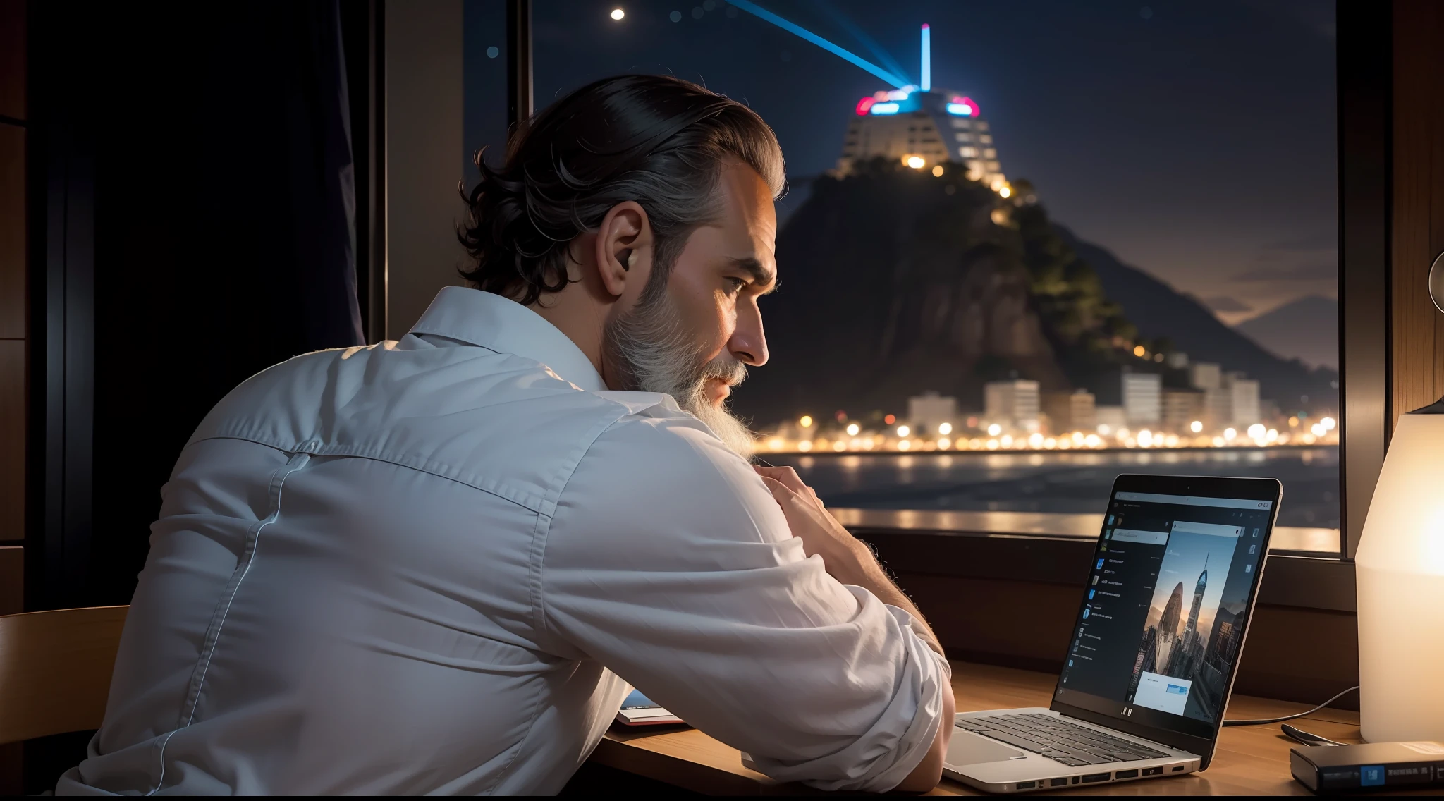 homem velho, cabelos e barba brancos, lendo um e-mail no seu notebook, sentado na varanda de sua casa, In the background as the Sugar Loaf, rio de janeiro, Noite escura, contemporary style, Rear view, maximum detailed, alta qualidade