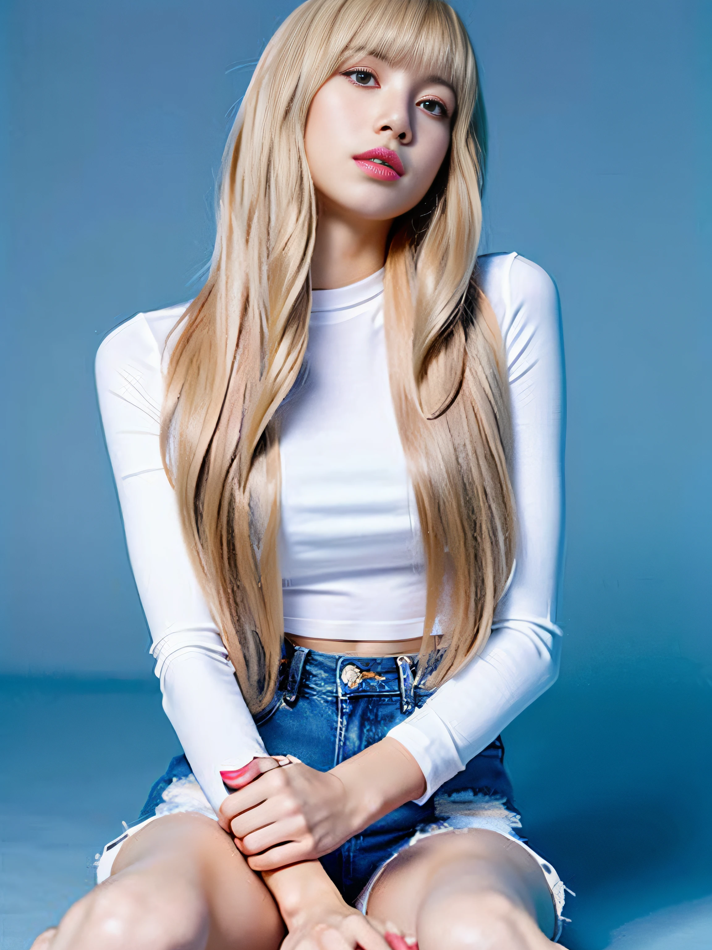 Lisa light yellow long hair, Lisa face shape, wearing a tight white T-shirt, open waist, light blue denim shorts, long legs, masterpiece, superlative, realistic, HD, photography lighting, 16k