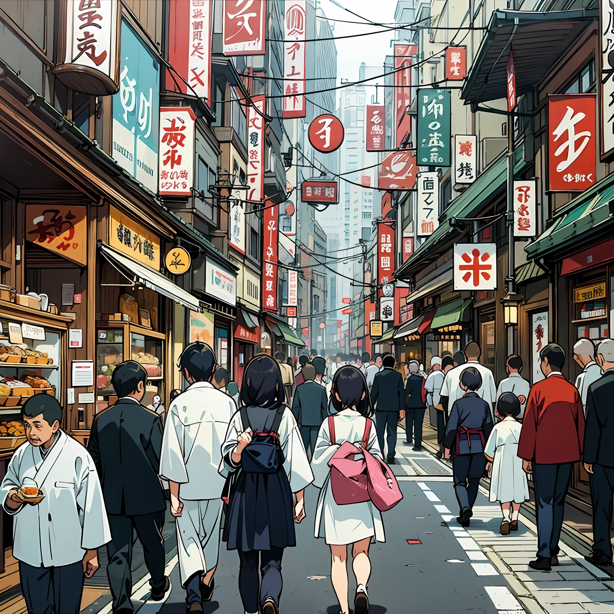 city crouded with people in a small street full of restaurants and shops in japan --auto --s2