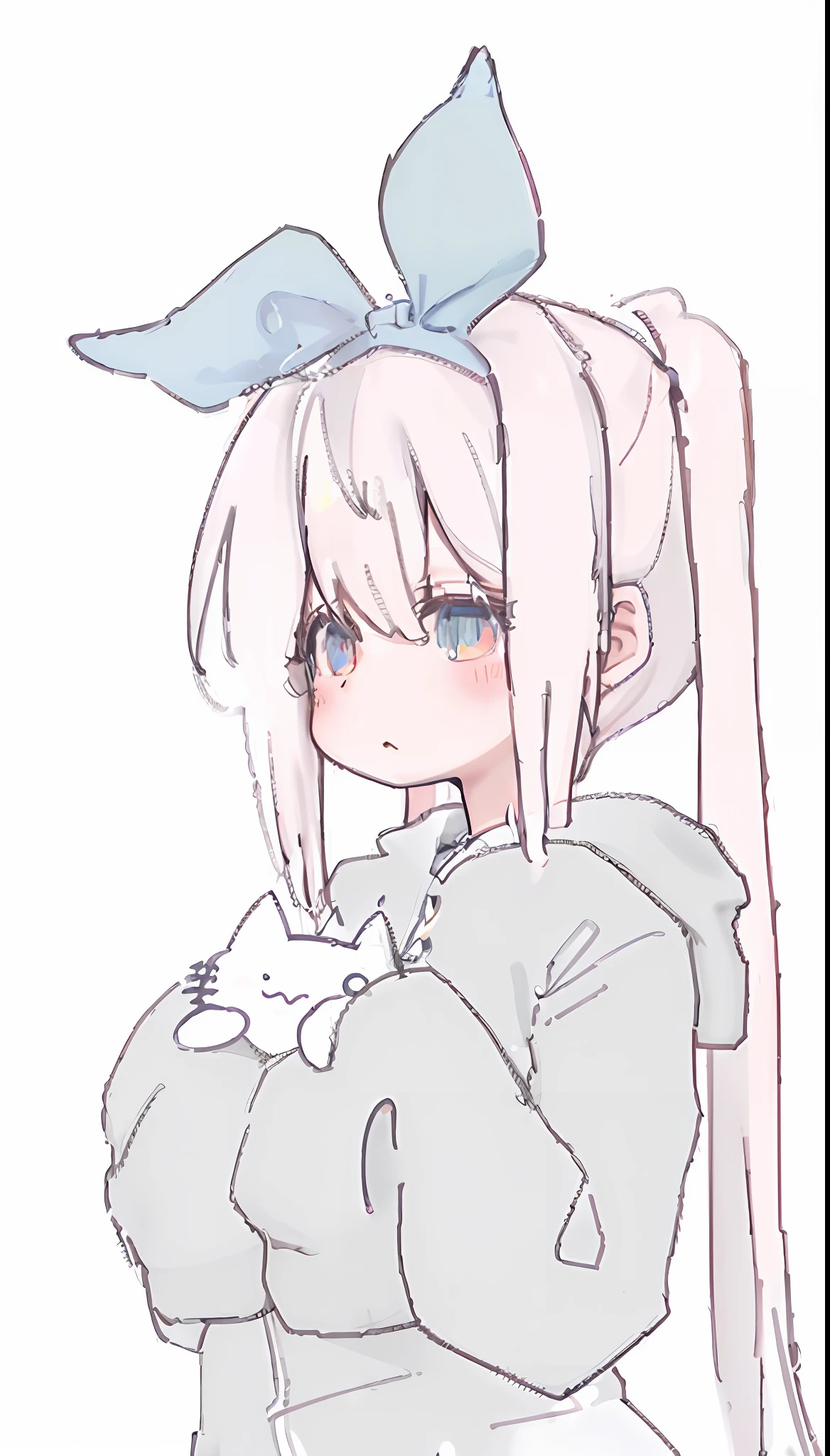 Anime girl with long hair and bow, nyaruko-san, Anime moe art style, anime girl with cat ears, Soft anime illustration, White Cat Girl, cute anime catgirl, Girl with white hair, pink twintail hair and cyan eyes, mikudayo, in an anime style, neferpitou, extremely cute anime girl face