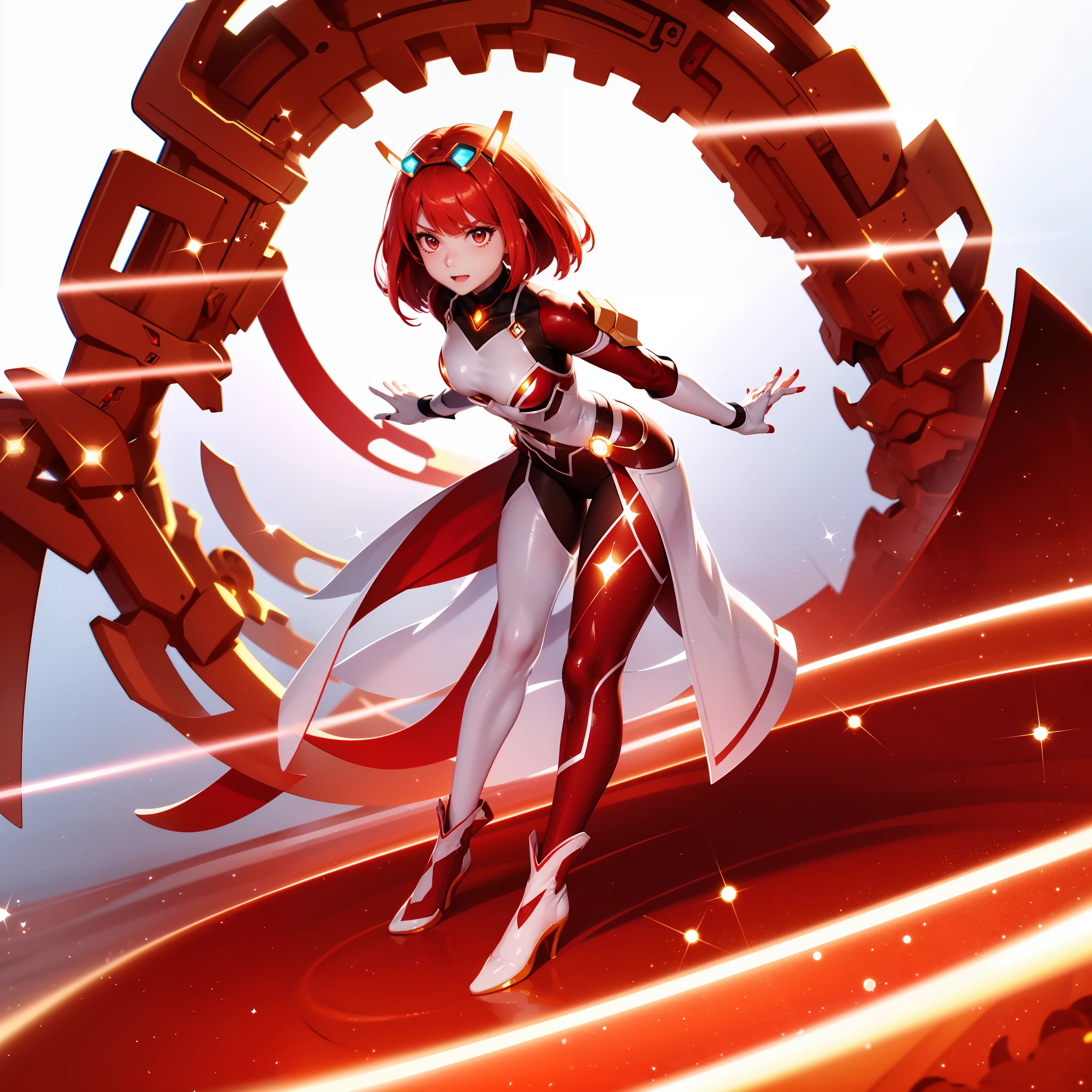 Strong-willed female cartoon character with confident expression。Has a slim figure with sharp eyes and a red angle bob。The sparkly nanoparticles surrounding her glow like air。The smooth suit has an embedded nanocircuit pattern.、The whole body is visualized。in a dynamic pose、Nanostructures form around her。Plain background、Only figures are emerging。