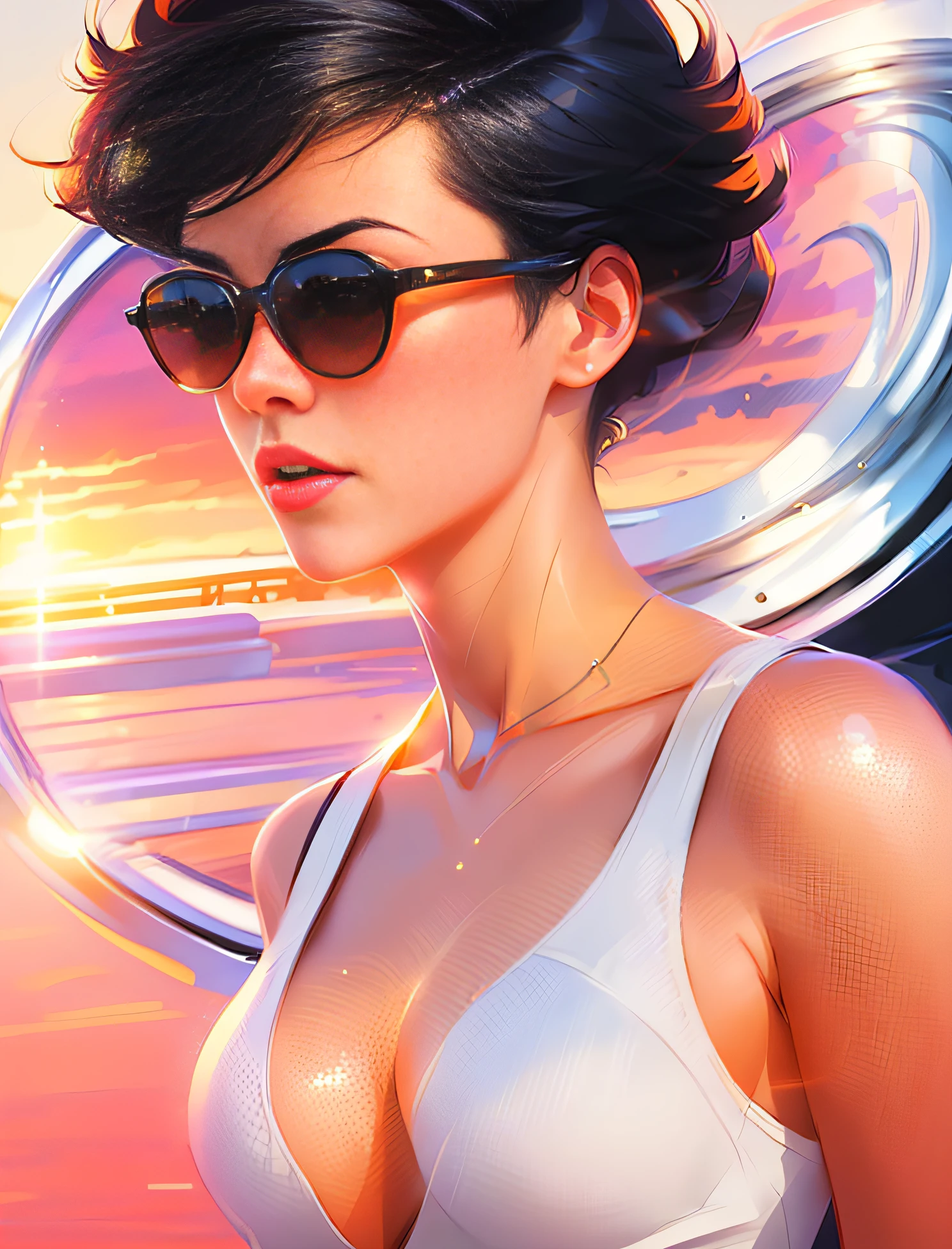 a close up of a woman with sunglasses and a white top, alena aenami and artgerm, digital art ilya kuvshinov, lois van rossdraws, stunning digital illustration, style of alena aenami, rossdraws 1. 0, beautiful digital artwork, glossy digital painting, alena aenami and android jones