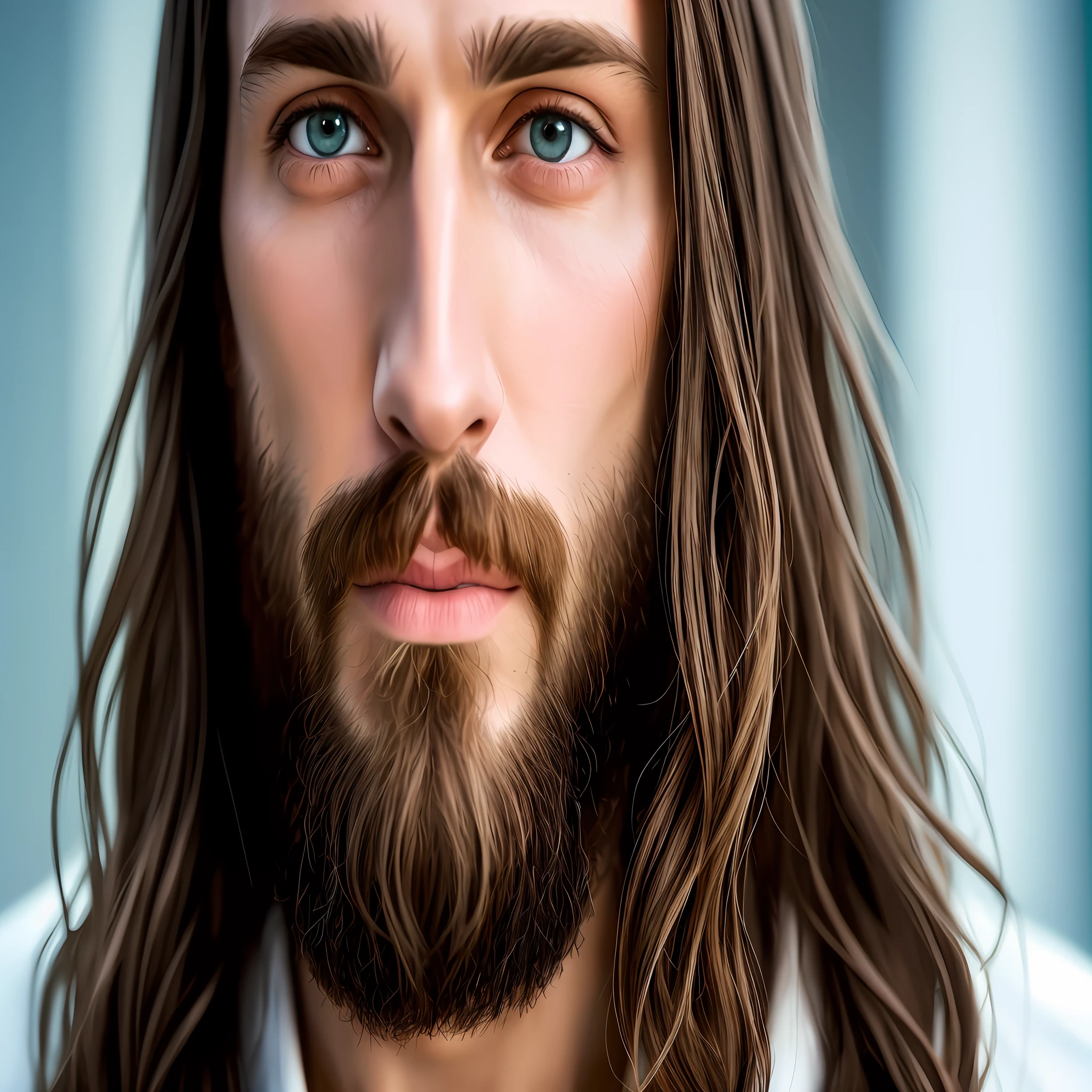 Homem de cabelos compridos e barba vestindo uma camisa branca, homem bonito barbudo, pintura digital ultra realista, pintura digital hiper-realista, pintura digital hiper realista, homem muito atraente com barba, pintura digital fotorrealista, pintura digital realista, bonito rosto detalhado, Retrato close up do cara, arte digital altamente realista, ultra detalhe. pintura digital, bonito impressionante realista
