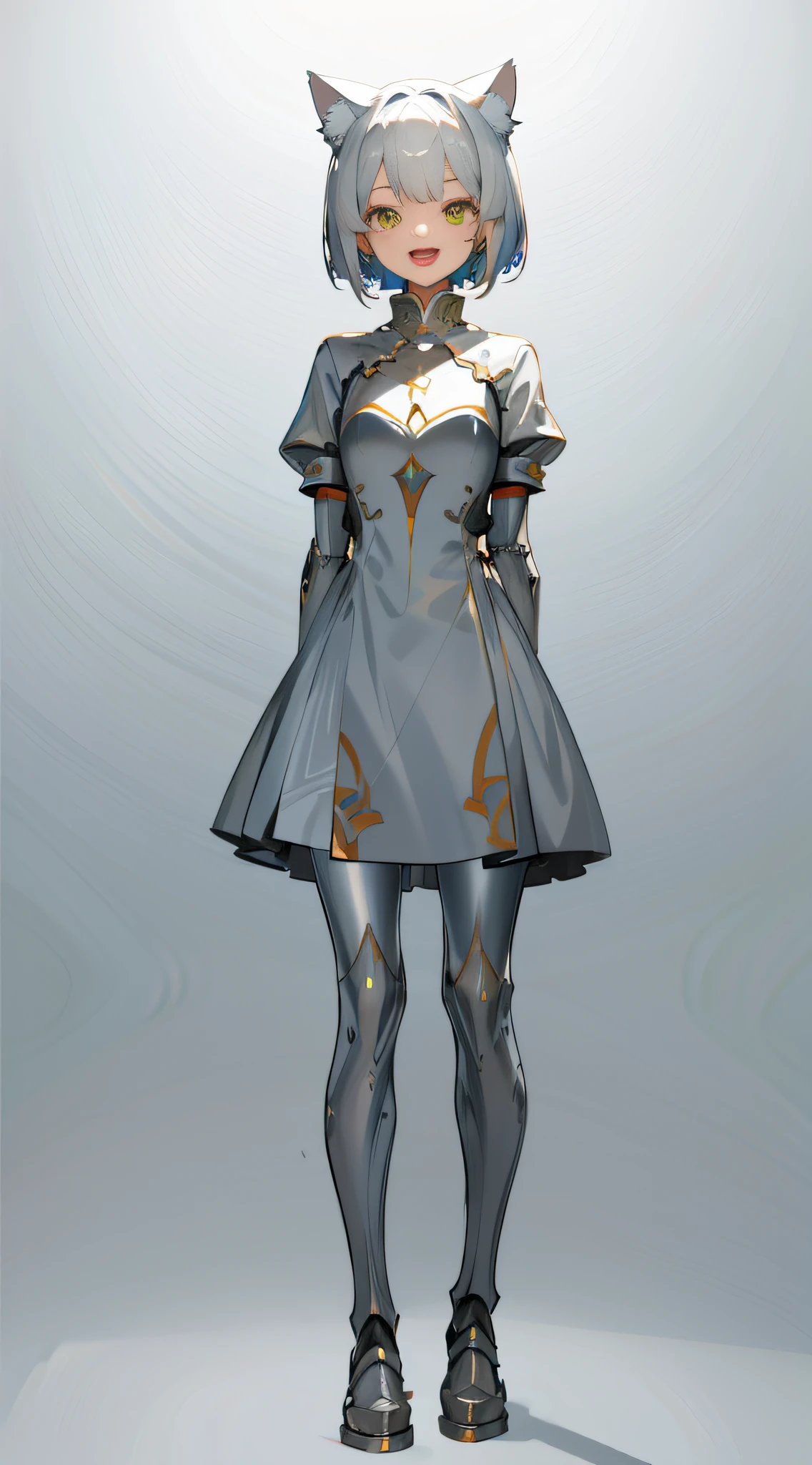 full body, upright, arms at sides, looking at viewer, pure-colored background, 1girl, open mouth, cat ears, smile, wearing silver armor