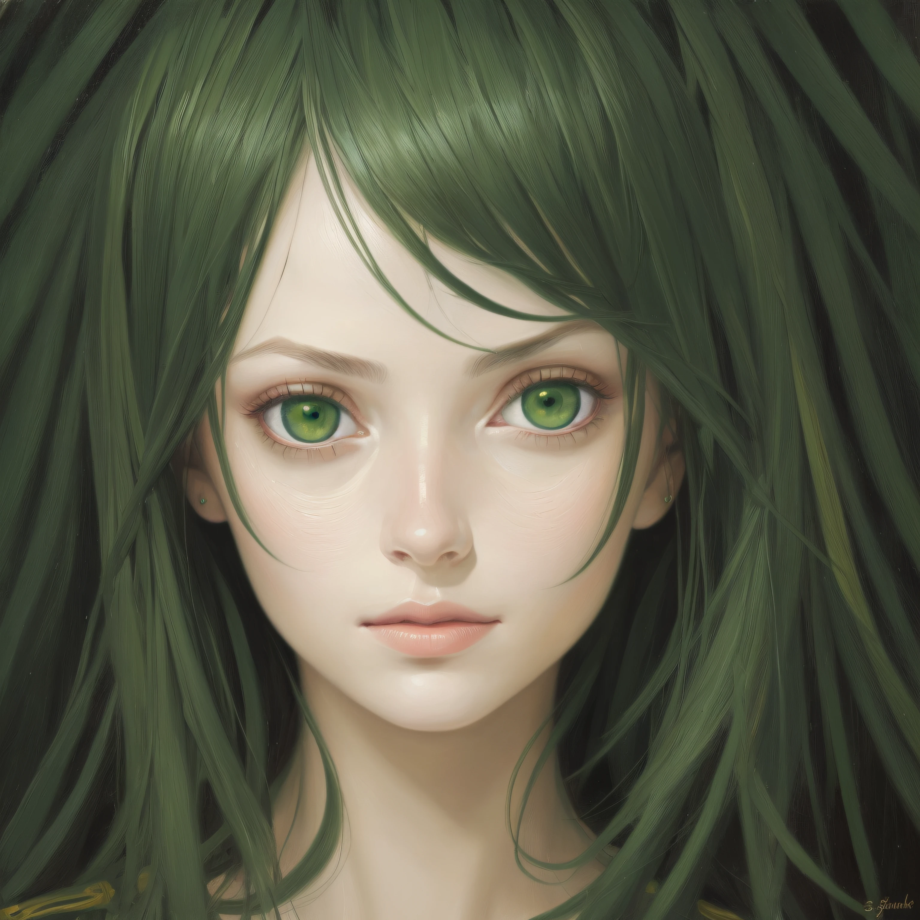 1girl, portrait, oil painting, modern, realistic proportions, dark green eyes, beautiful face, symmetrical face, symmetrical eyes, dynamic pose, intricate, intricate details, sharp focus