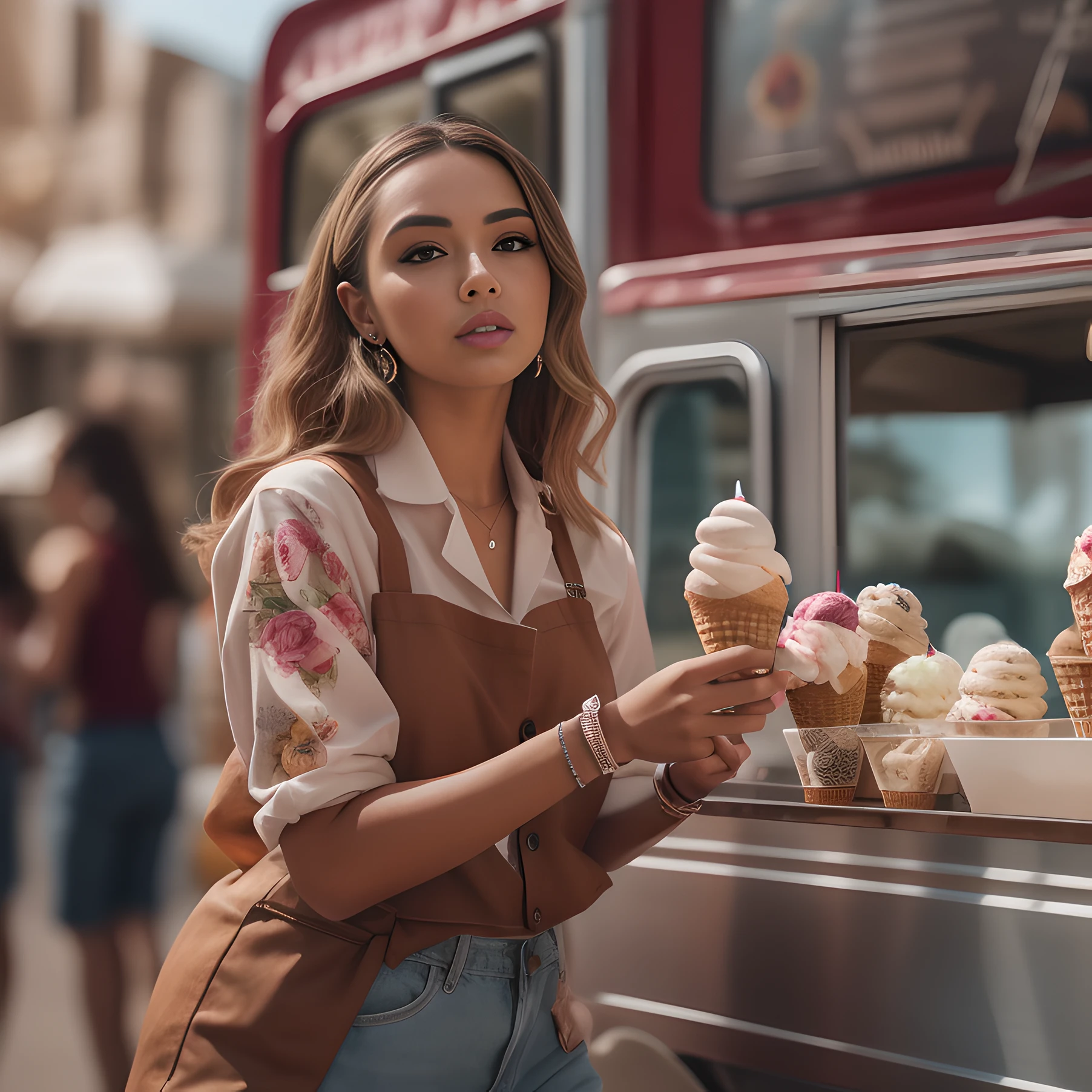 a pretty ice cream woman serving ice cream in a truck, instagram influencer, hot on CANON R5, 85mm lens, photo shoot, depth of field, incredibly detailed intricate, hyper maximalist, elegant, hyper realistic, super detailed, dynamic pose, centered, photography, natural light, dynamic, highly detailed, sharp focus