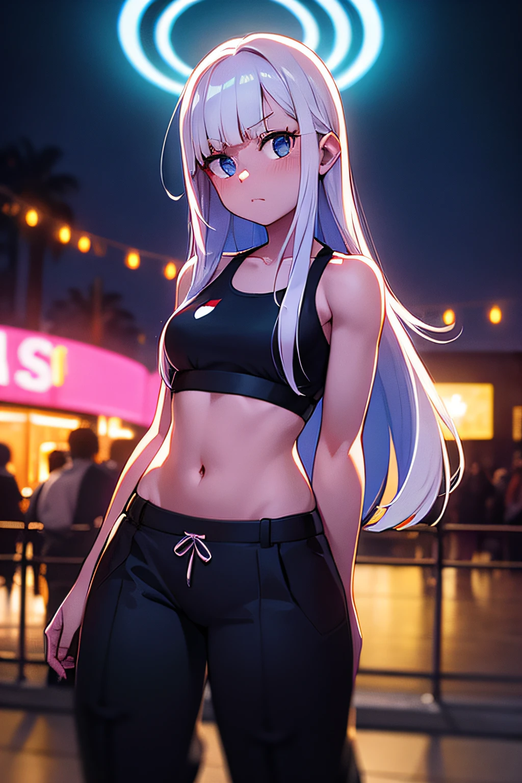 imagem de corpo inteiro Unreal Engine 5 8K UHD de um casal de tamanhos diferentes, homem com cabelo castanho claro comprido preso desgrenhado, vestindo regata clara folgada, baggy dark pants, mulher com cabelo preto curto desgrenhado, vestindo camiseta babylook apertada escura, saia de colegial clara, darling in the franxx plug, in an amusement park, luzes eletricas coloridas neon, PARQUE CYBERPUNK, de noite, cinematiclight, grain of film, fujifilm XT3, alto detalhe, extremamente detalhado