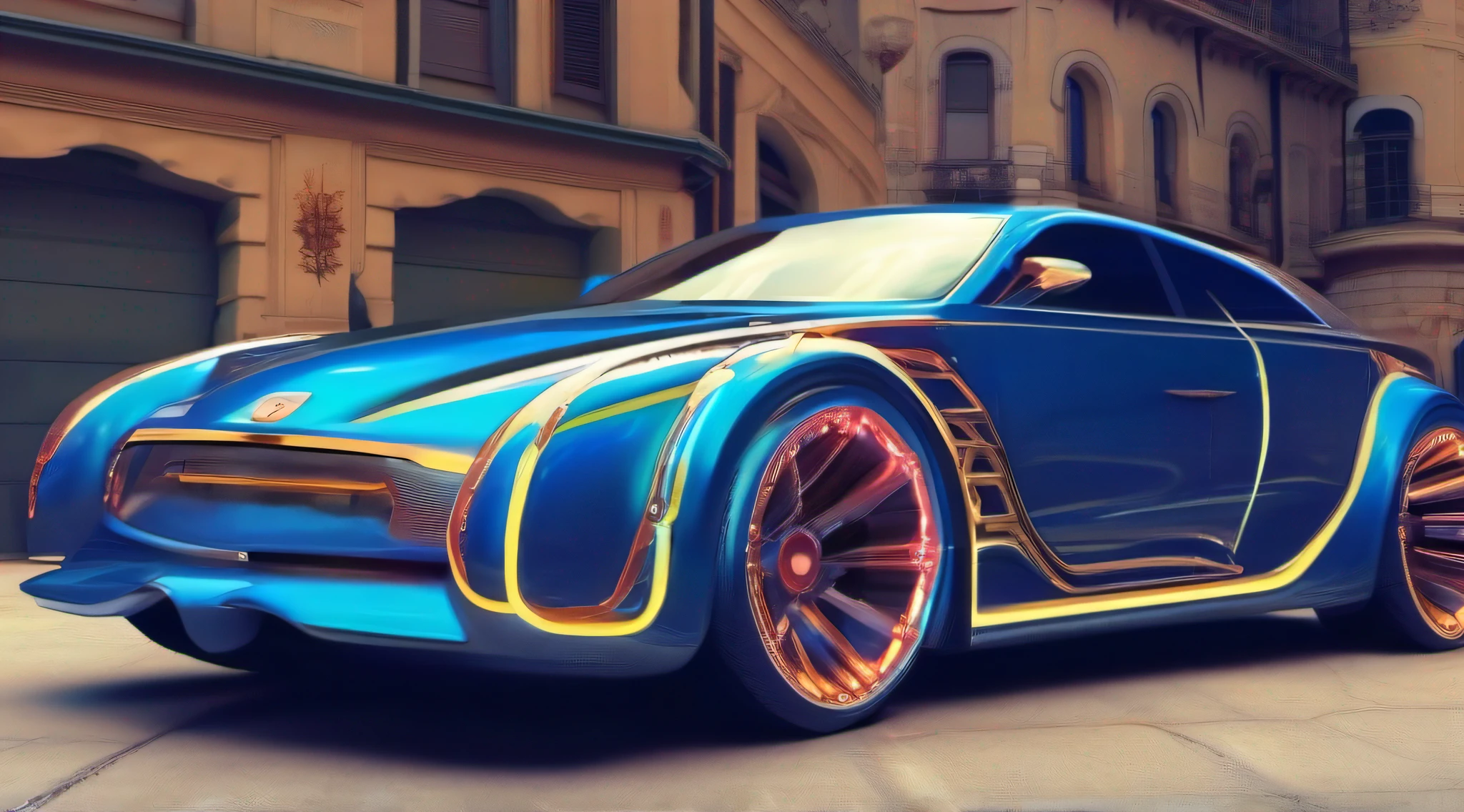 carro do futuro, com alta tecnologia, Hibrido, capacidade de decolagem, metallic paint, azul, flutuando, luz de neon nas laterais, directional headlights, turbo, detalhes intrincados, highes definition