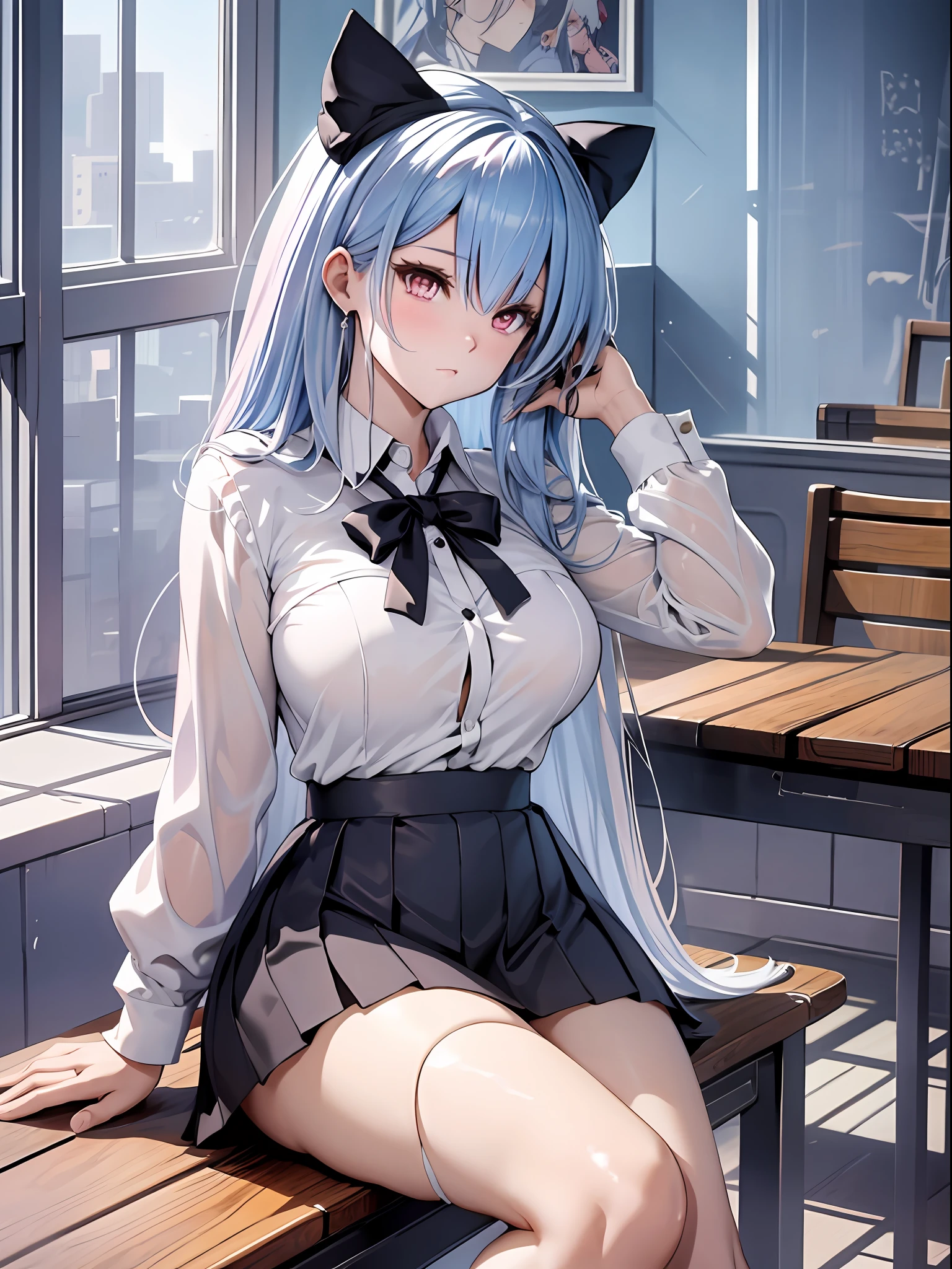 Anime - Stylistic image of a woman in a white shirt and a black skirt, seductive anime girls, Smooth anime CG art, On a table, beautiful and seductive anime woman, Surrealism female students, Realistic schoolgirl, Surrealism female students, 2 b, 2b, sakimichan, [ 4 K digital art ]!!, Perfect white haired girl，huge tit，Blush，