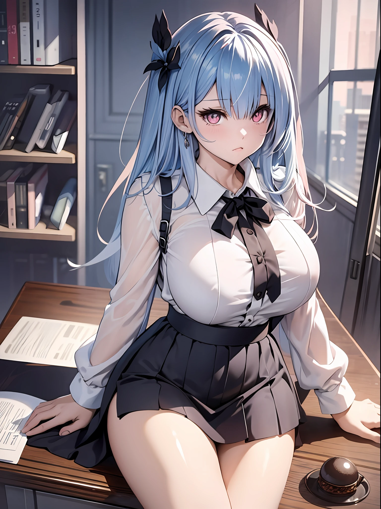 Anime - Stylistic image of a woman in a white shirt and a black skirt, seductive anime girls, Smooth anime CG art, On a table, beautiful and seductive anime woman, Surrealism female students, Realistic schoolgirl, Surrealism female students, 2 b, 2b, sakimichan, [ 4 K digital art ]!!, Perfect white haired girl，huge tit，Blush，