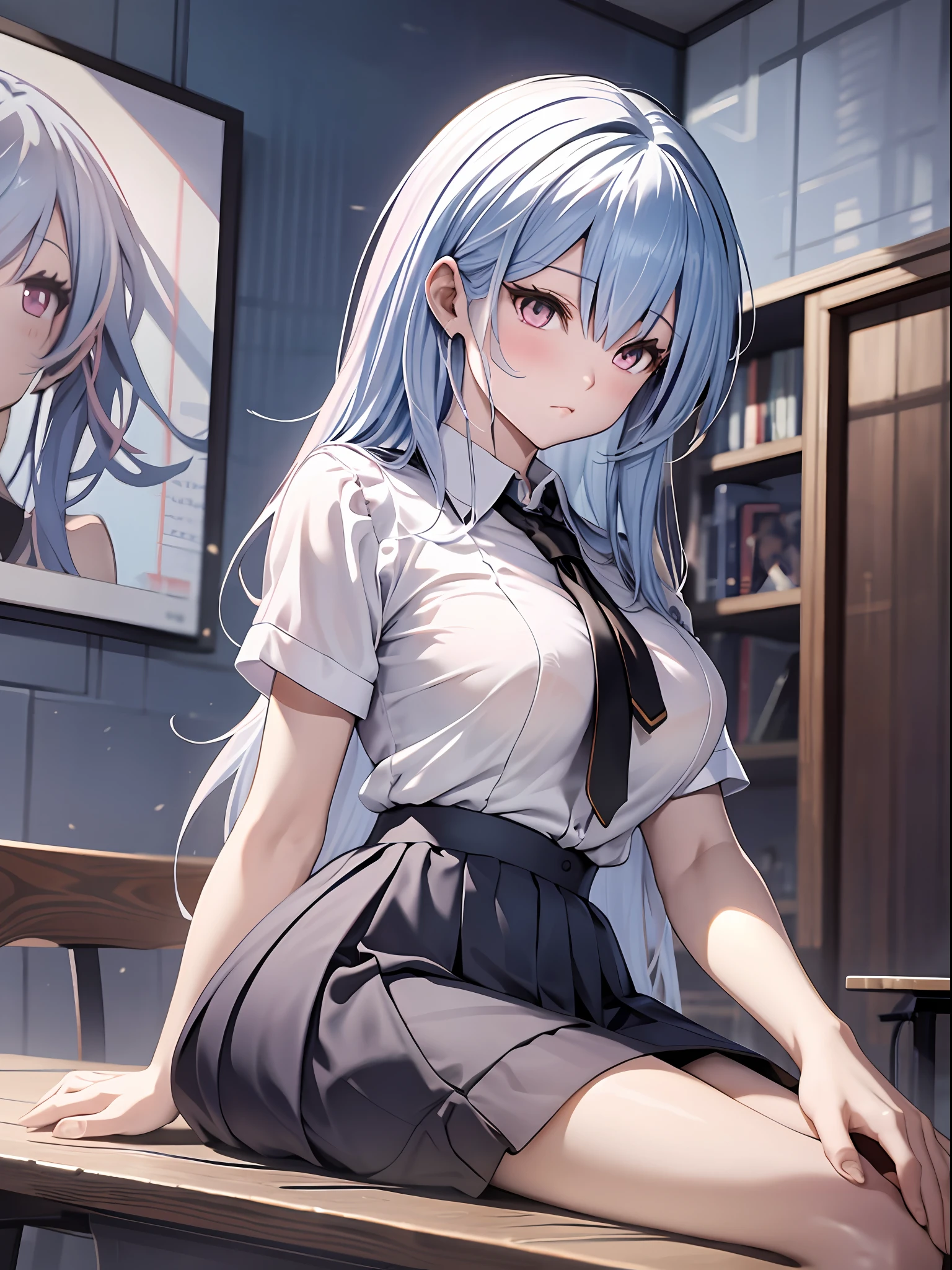 Anime - Stylistic image of a woman in a white shirt and a black skirt, seductive anime girls, Smooth anime CG art, On a table, beautiful and seductive anime woman, Surrealism female students, Realistic schoolgirl, Surrealism female students, 2 b, 2b, sakimichan, [ 4 K digital art ]!!, Perfect white haired girl，huge tit，Blush，