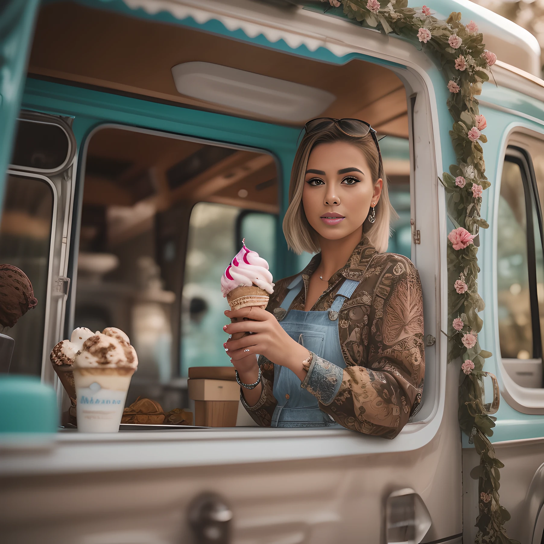 a pretty ice cream woman serving ice cream in a truck, instagram influencer, hot on CANON R5, 85mm lens, photo shoot, depth of field, incredibly detailed intricate, hyper maximalist, elegant, hyper realistic, super detailed, dynamic pose, centered, photography, natural light, dynamic, highly detailed, sharp focus